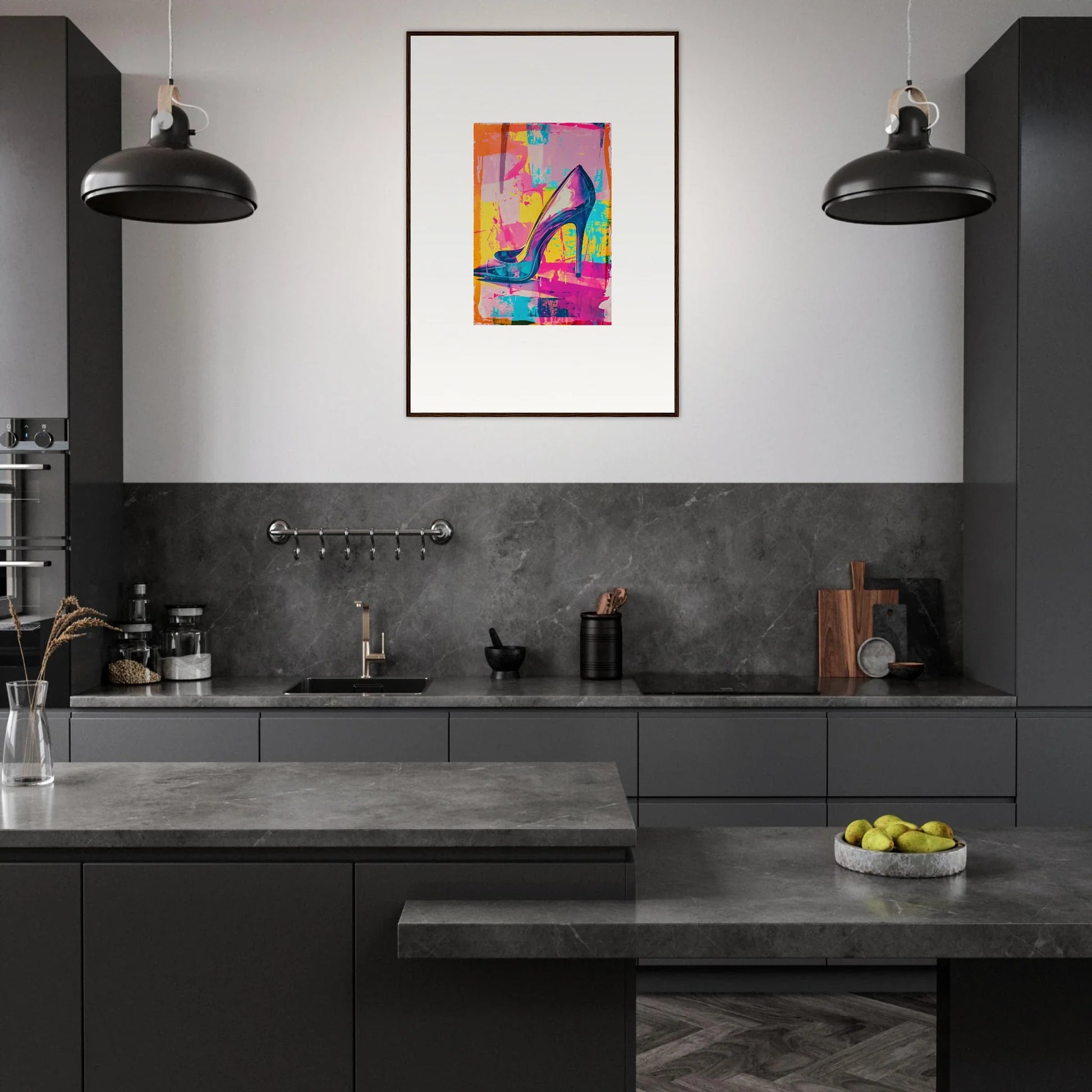 Modern kitchen with dark cabinetry and framed wall art of the Heel Phenomenon for room decor