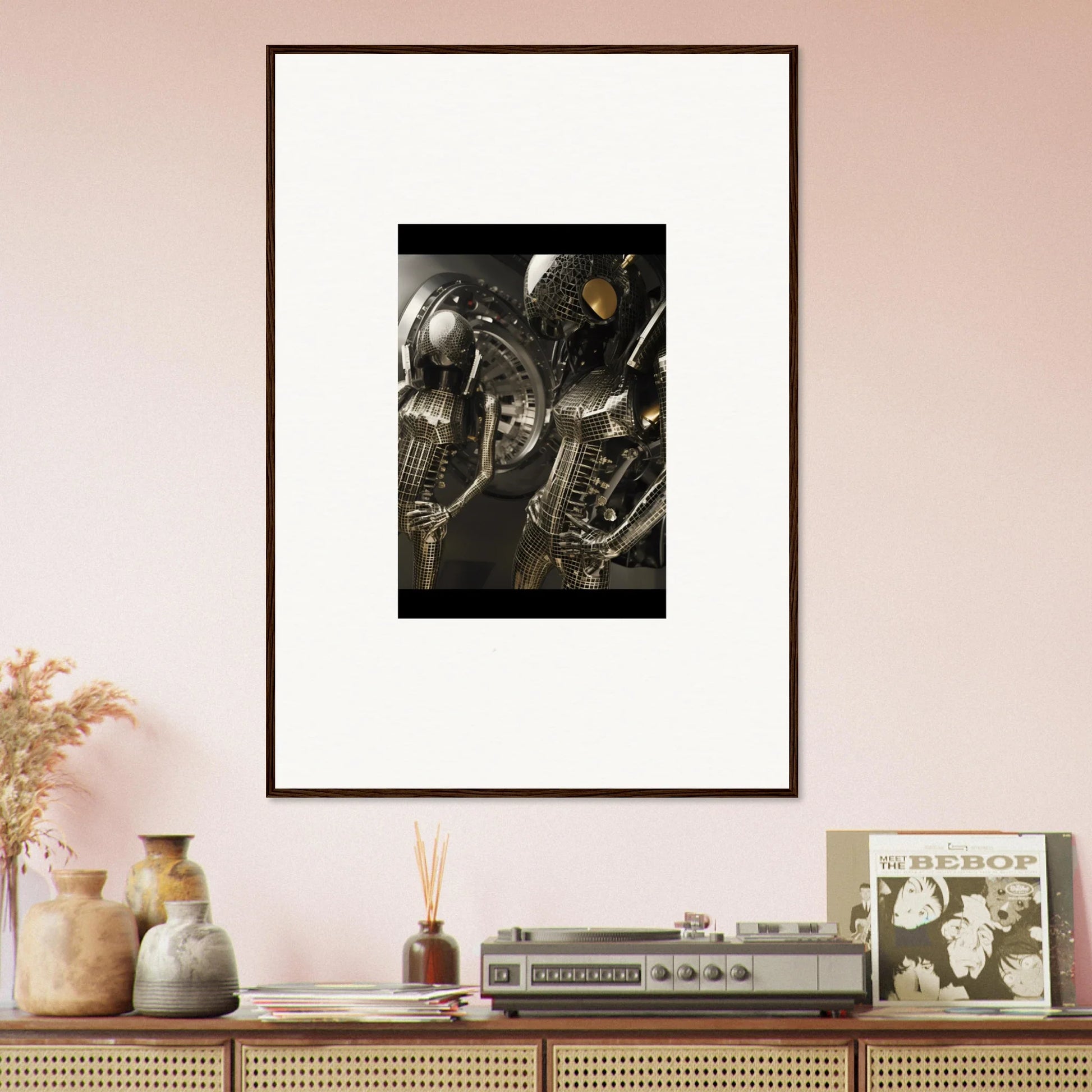 Framed black and white alien sculptures for cool muse web room decoration