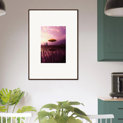 Framed canvas print of violet dreaming with a UFO over a sunset field for room decoration