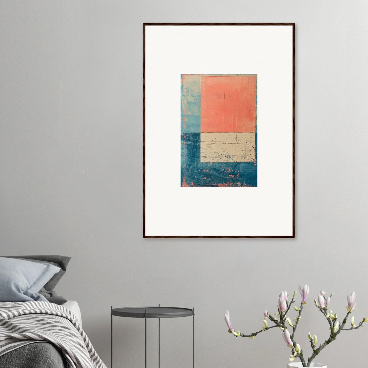 Abstract painting with geometric color blocks in coral, blue, and beige for room decoration