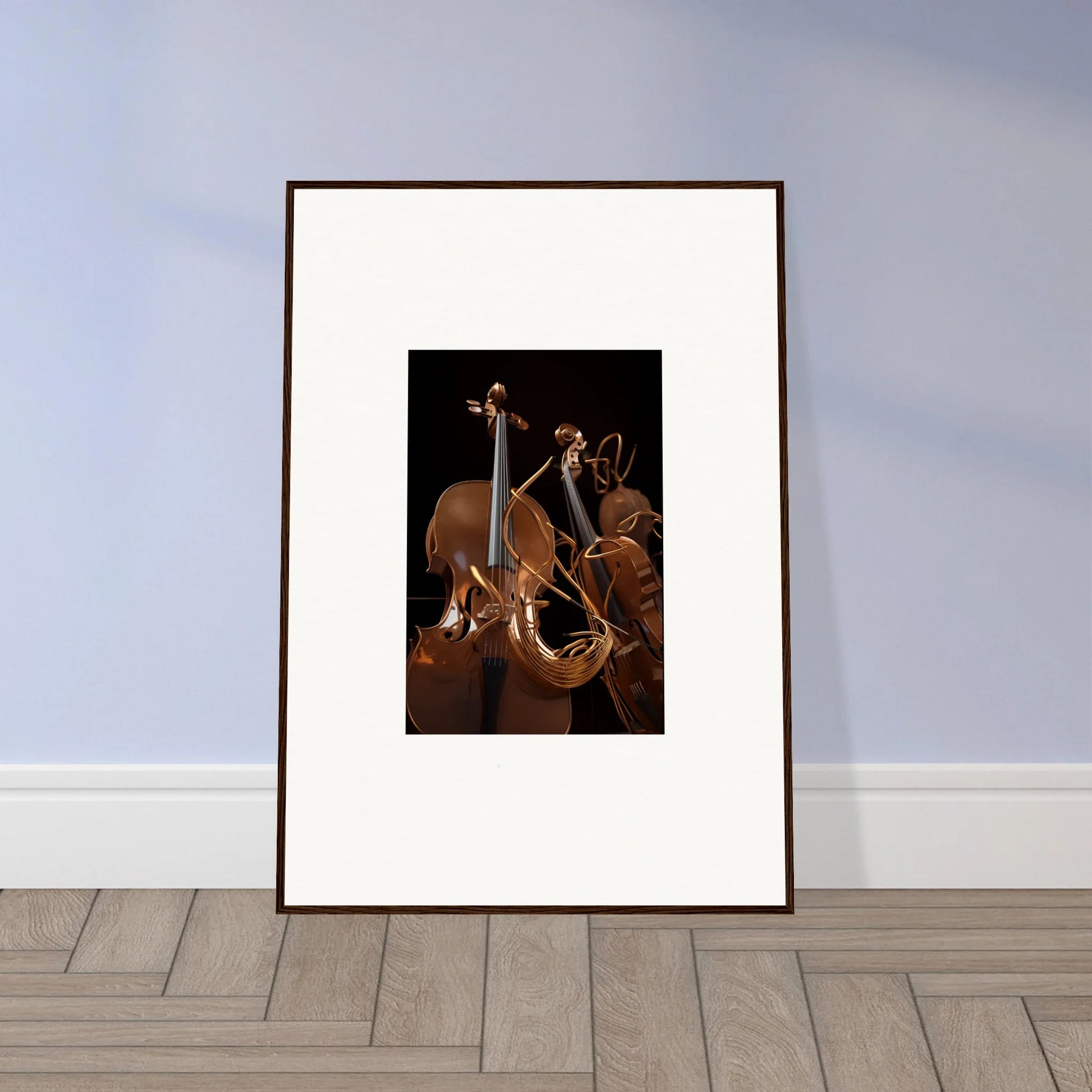 Framed photograph of cello and brass instruments perfect for Strings Opera room decoration