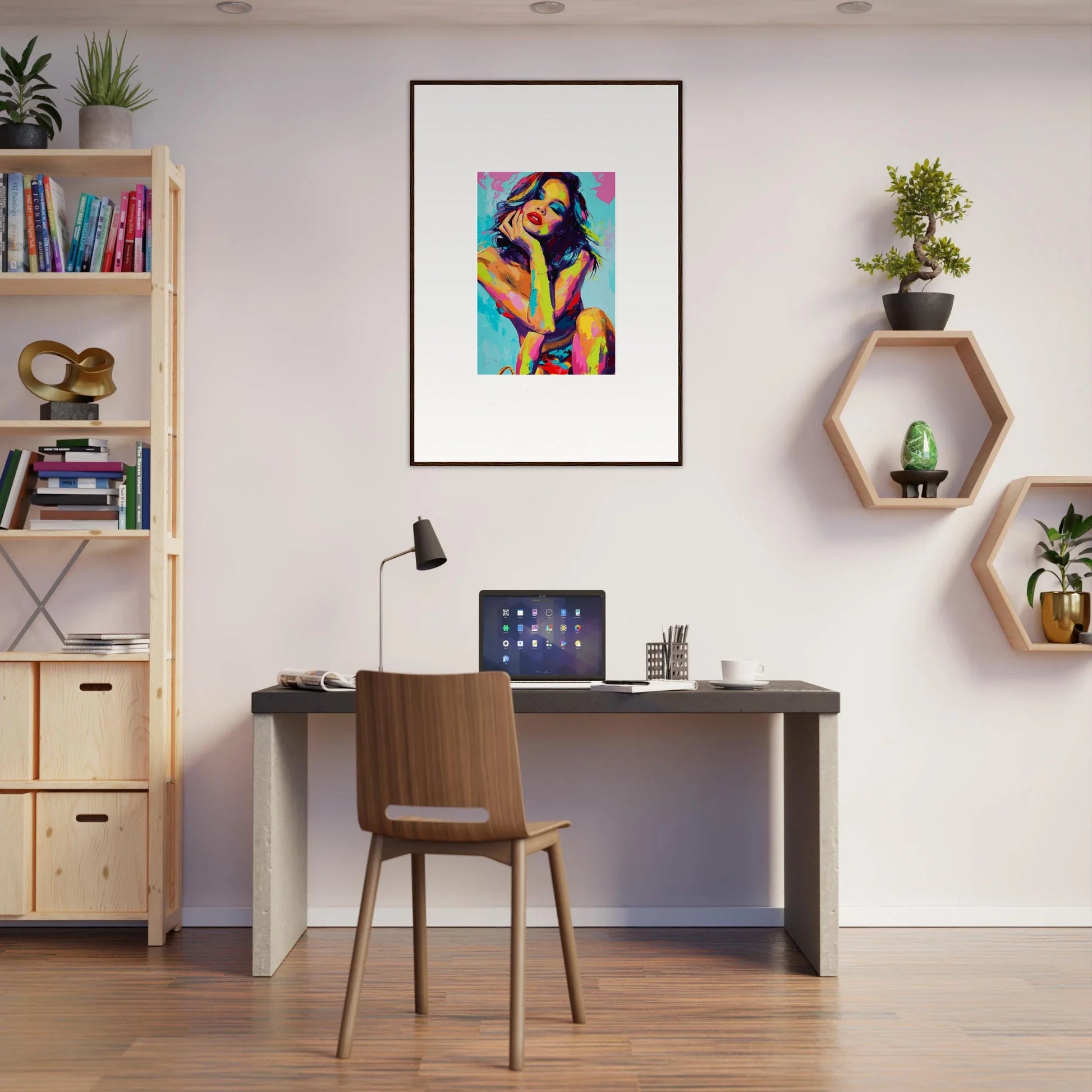 Stylish home office with a desk, chair, and daydream muse canvas print for room decoration