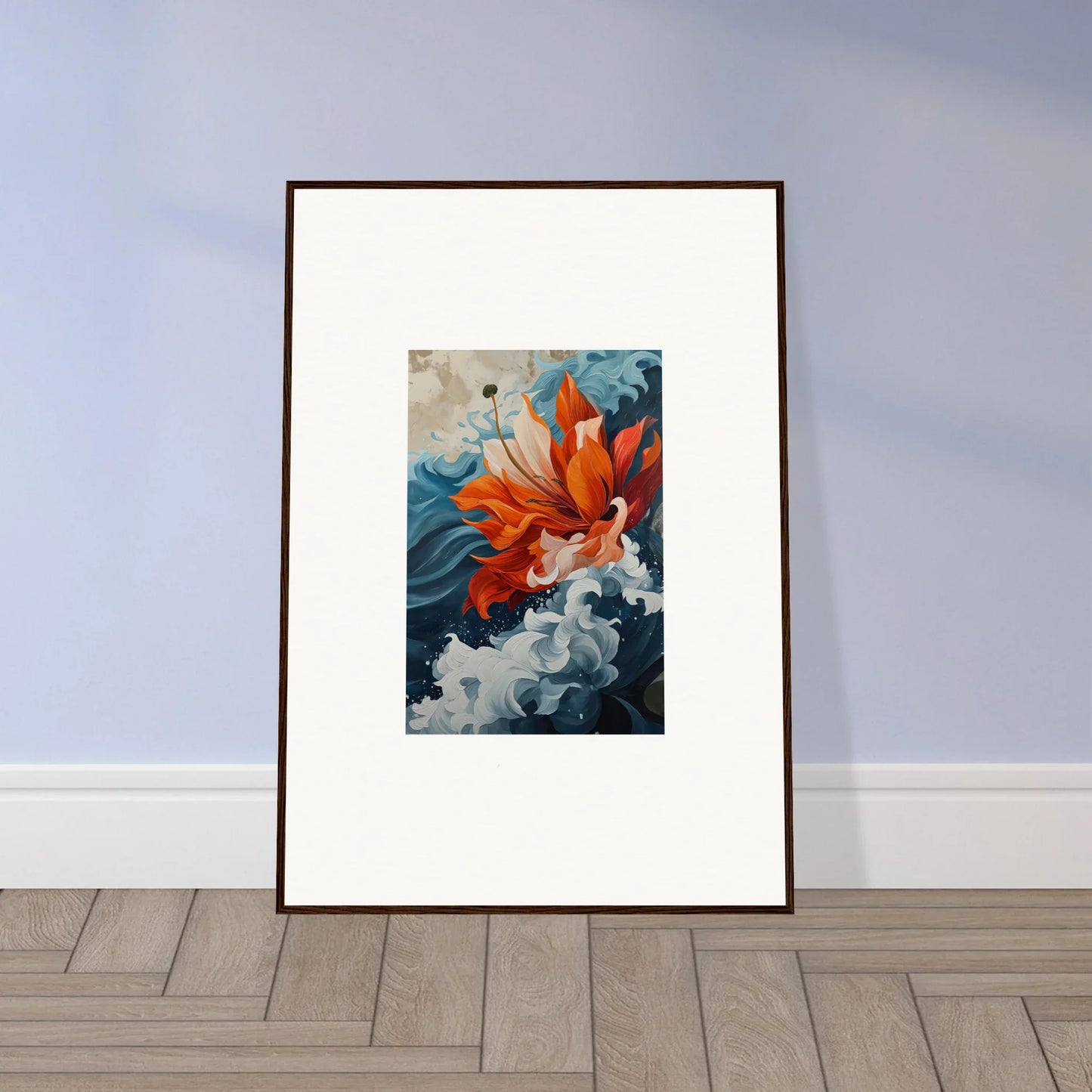 Vibrant orange goldfish in blue swirls, perfect for your Petal Odyssey room decoration