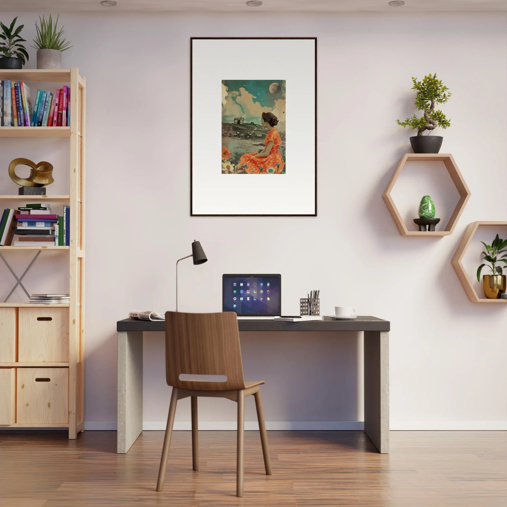 Home office workspace featuring Möbius Color Reverie canvas print and stylish decor elements