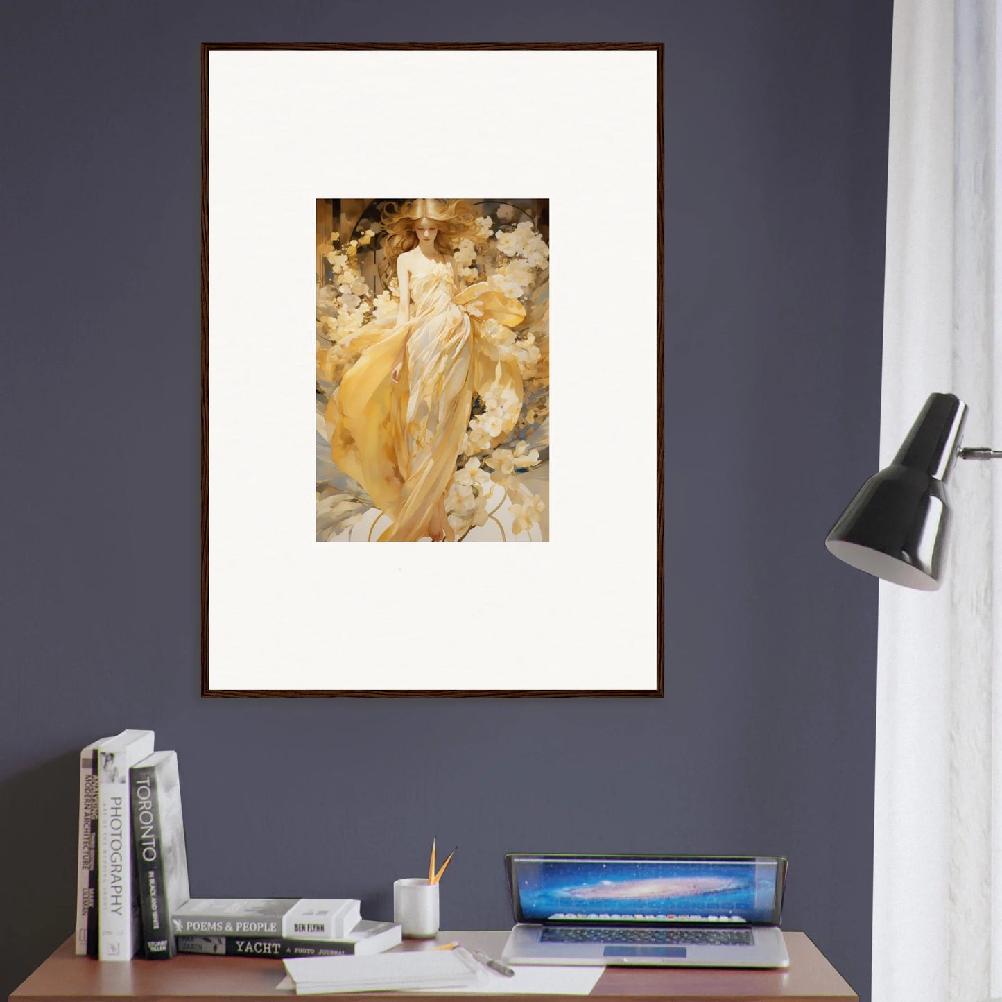 Framed canvas print of a woman in a golden dress for elegant room decoration, Petal Serenade