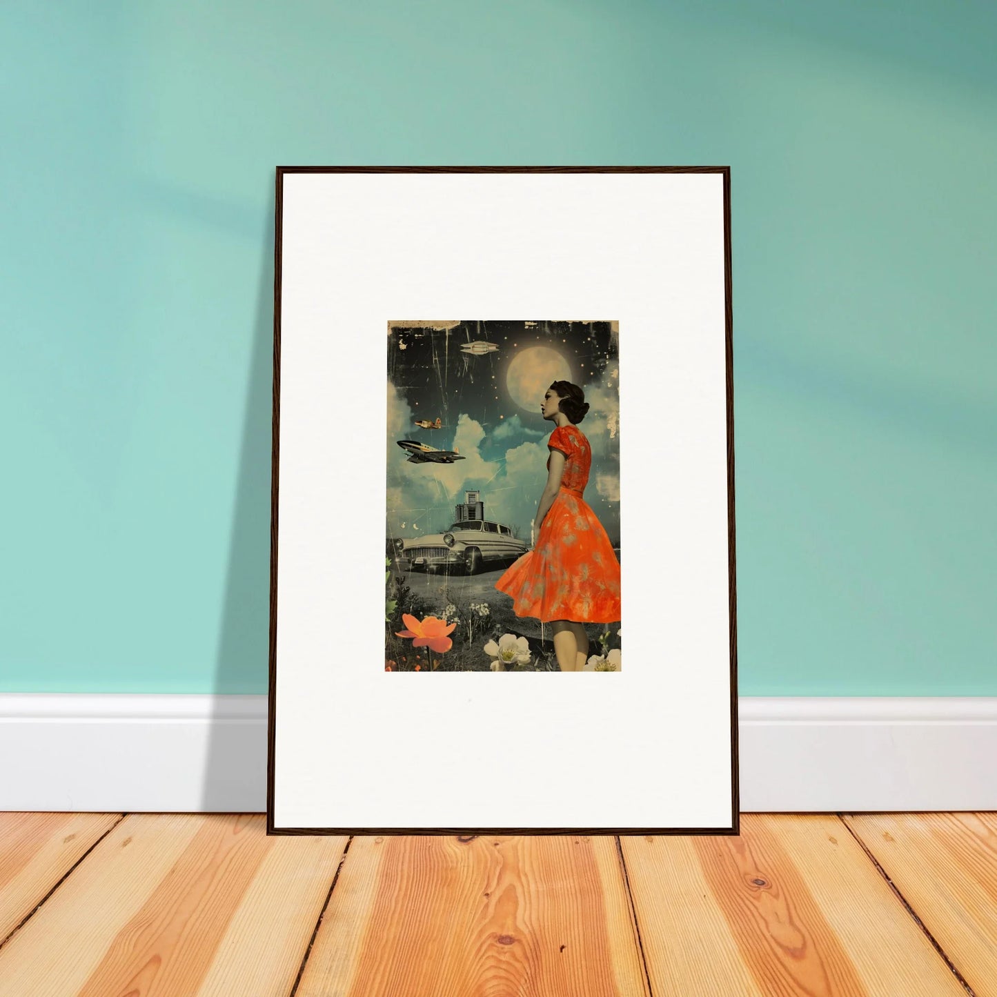 Framed canvas print of a figure in an orange dress in a retro bloom landscape