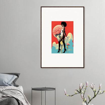 Framed canvas print of floral highs with a figure, colorful moon, and clouds for room decoration