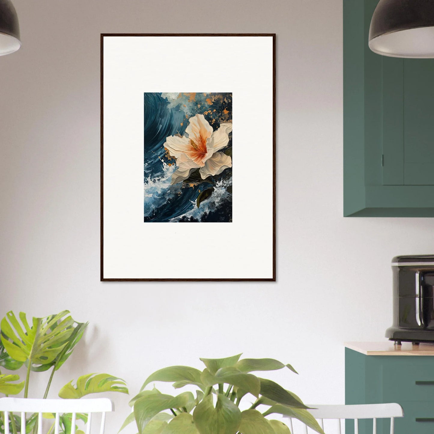 Framed canvas print of petal waves with a delicate flower bloom for stylish room decoration