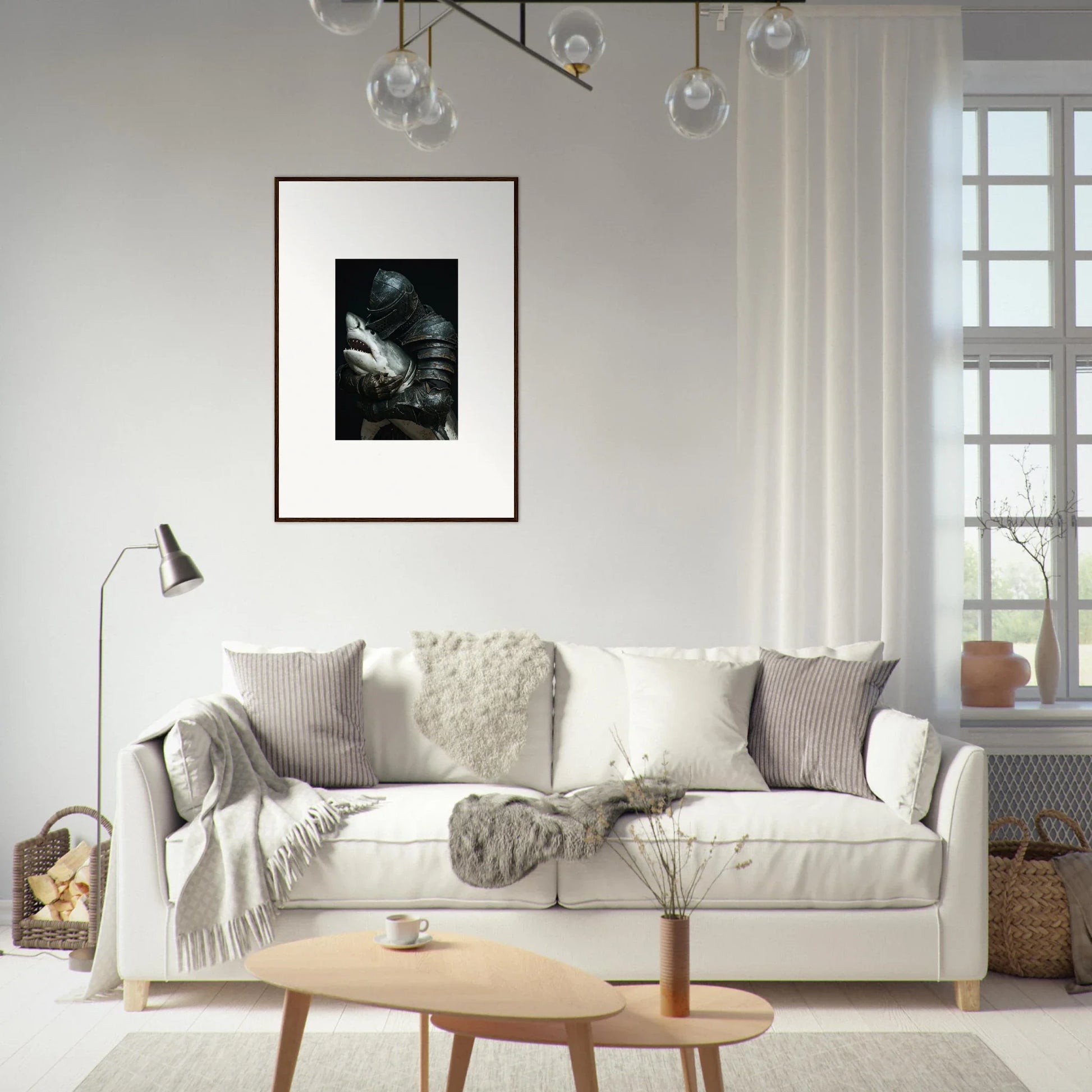 Cozy white sofa with pillows and blankets for room decoration featuring Shark Epiphany