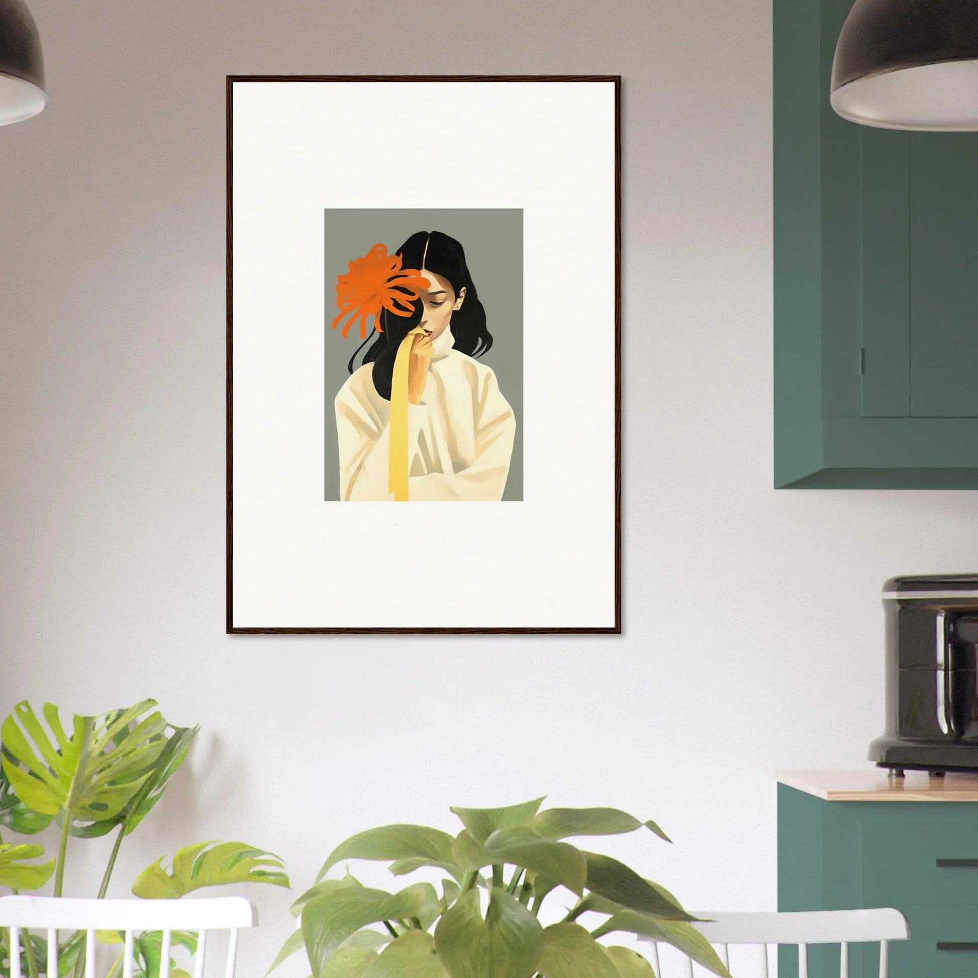 Framed canvas print of a woman with an orange flower for dreamy room decoration