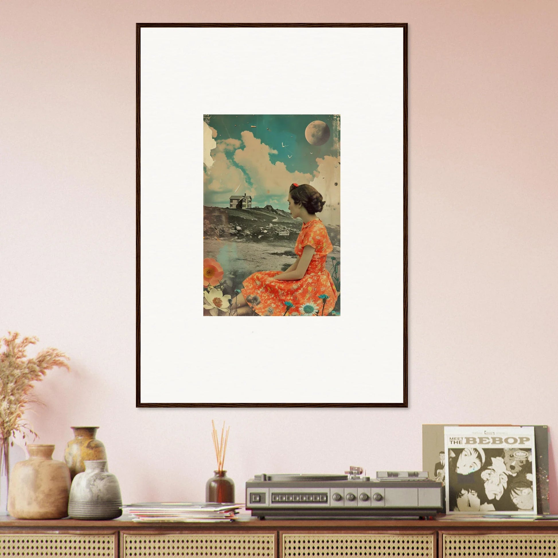 Framed canvas print of a person in an orange dress by the sea for colorful room decoration