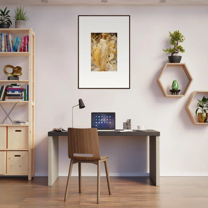 Home office setup featuring a desk and chair with Petal Serenade canvas print decor