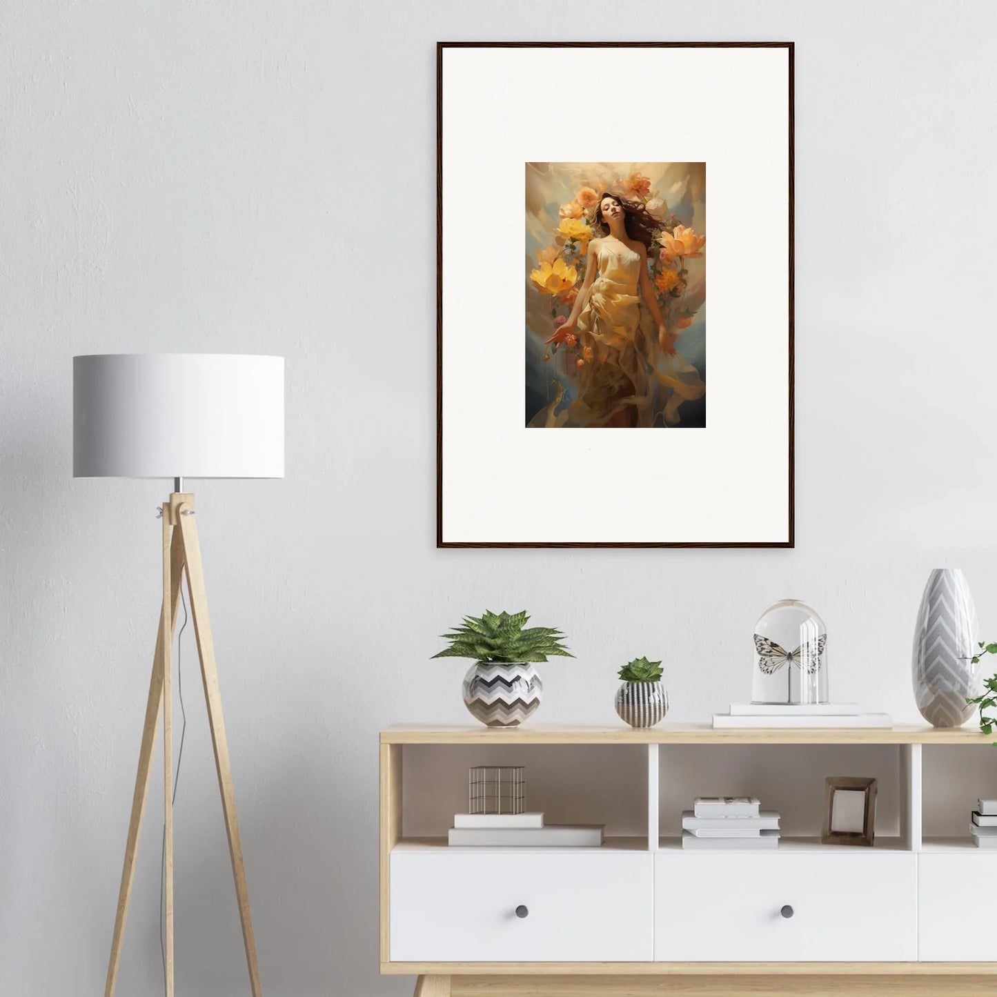 Framed canvas print of a woman amidst golden flowers for vibrant room decoration