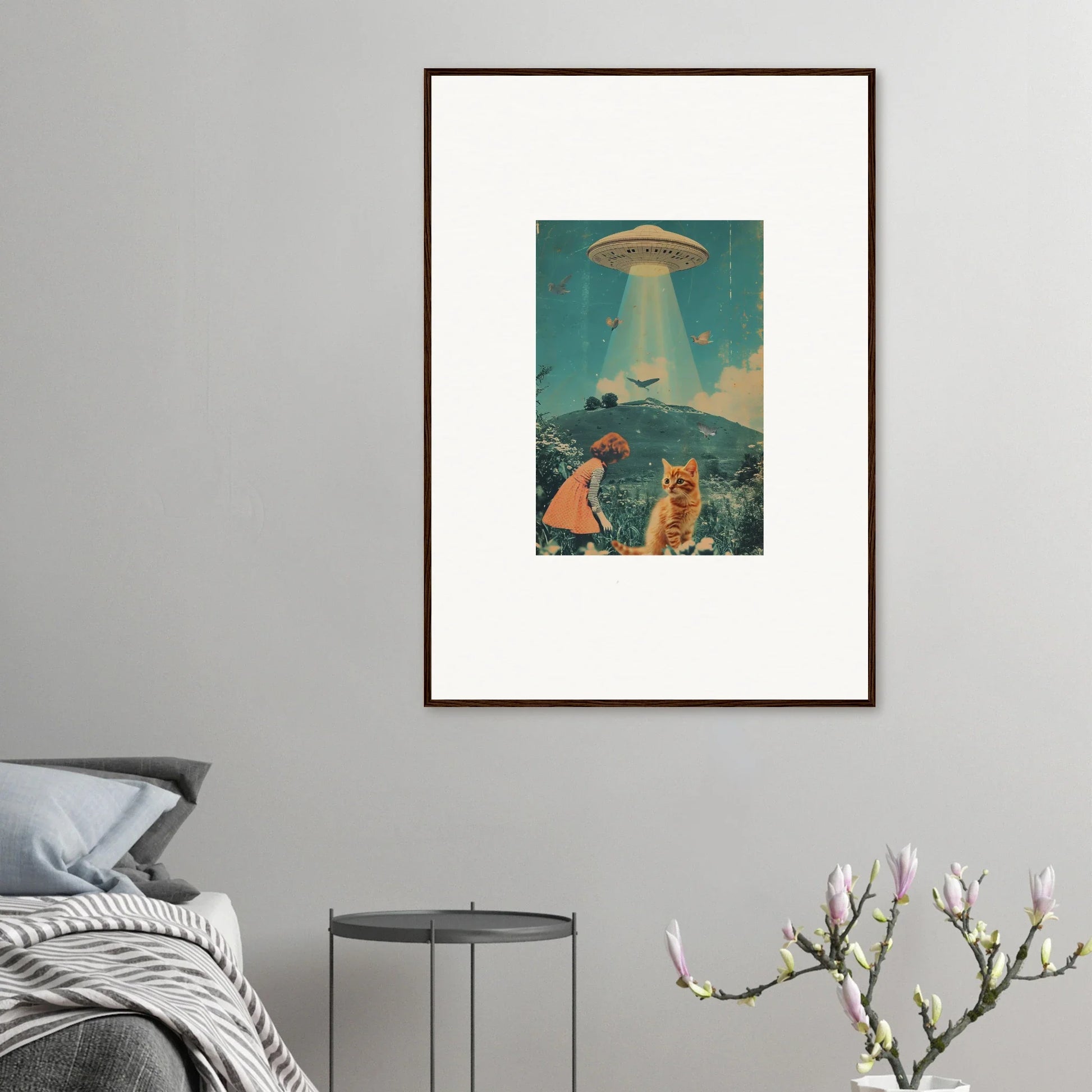 Surreal canvas print of UFO, person, and cat for unique room decoration with Voyaging Moonflex