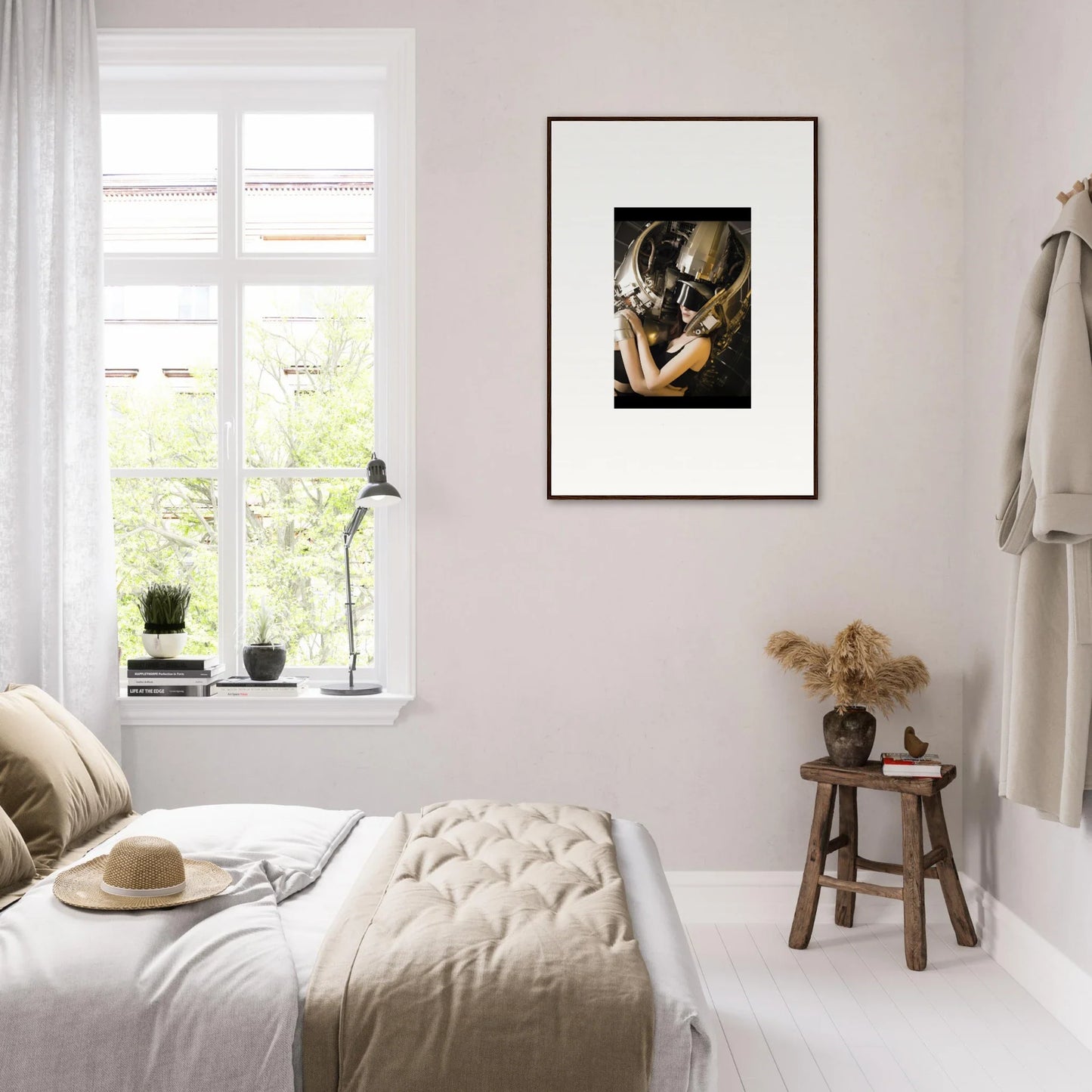 Cozy bedroom with neutral tones and beautiful wall art canvas print for room decoration