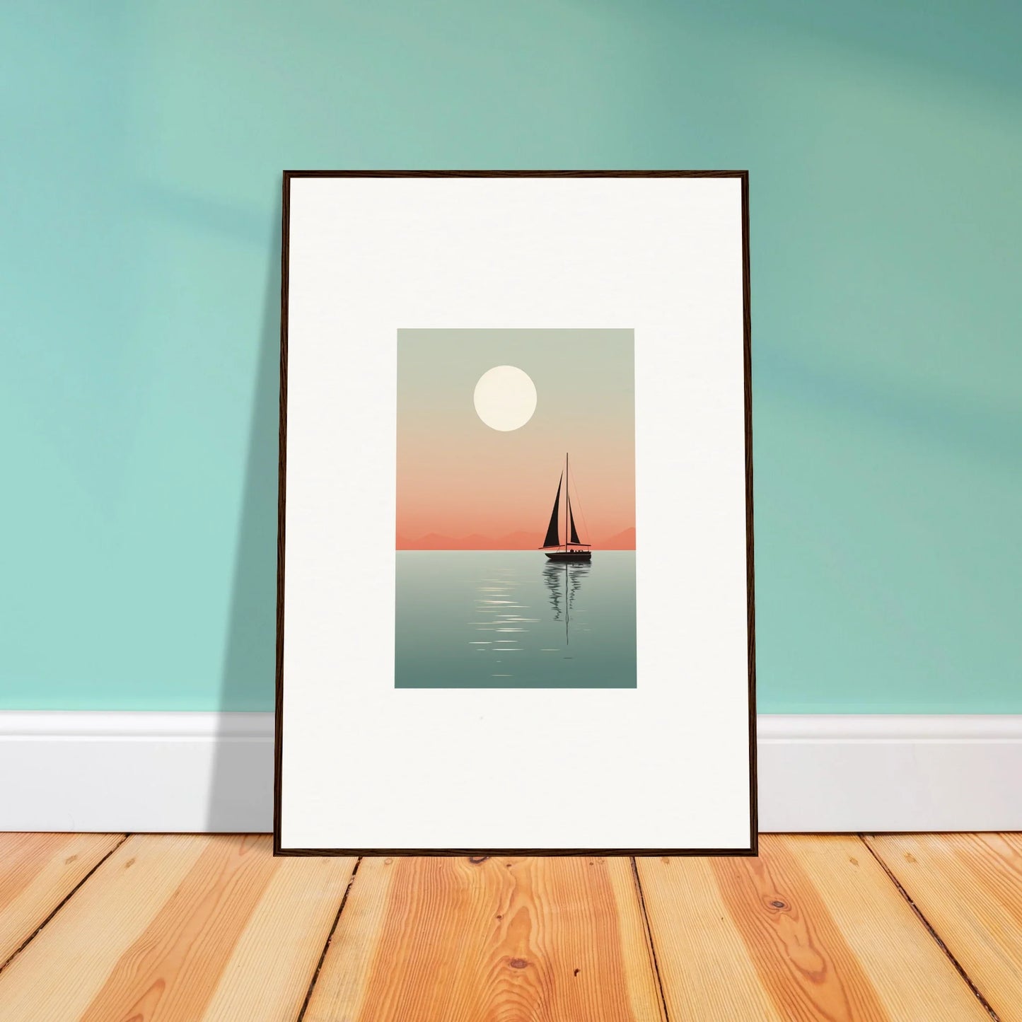 Framed canvas print of a sailboat under a full moon, perfect for nautical harmonies room decoration