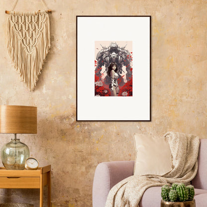 Framed canvas print of a robotic figure with red accents for poppy lucidity room decoration