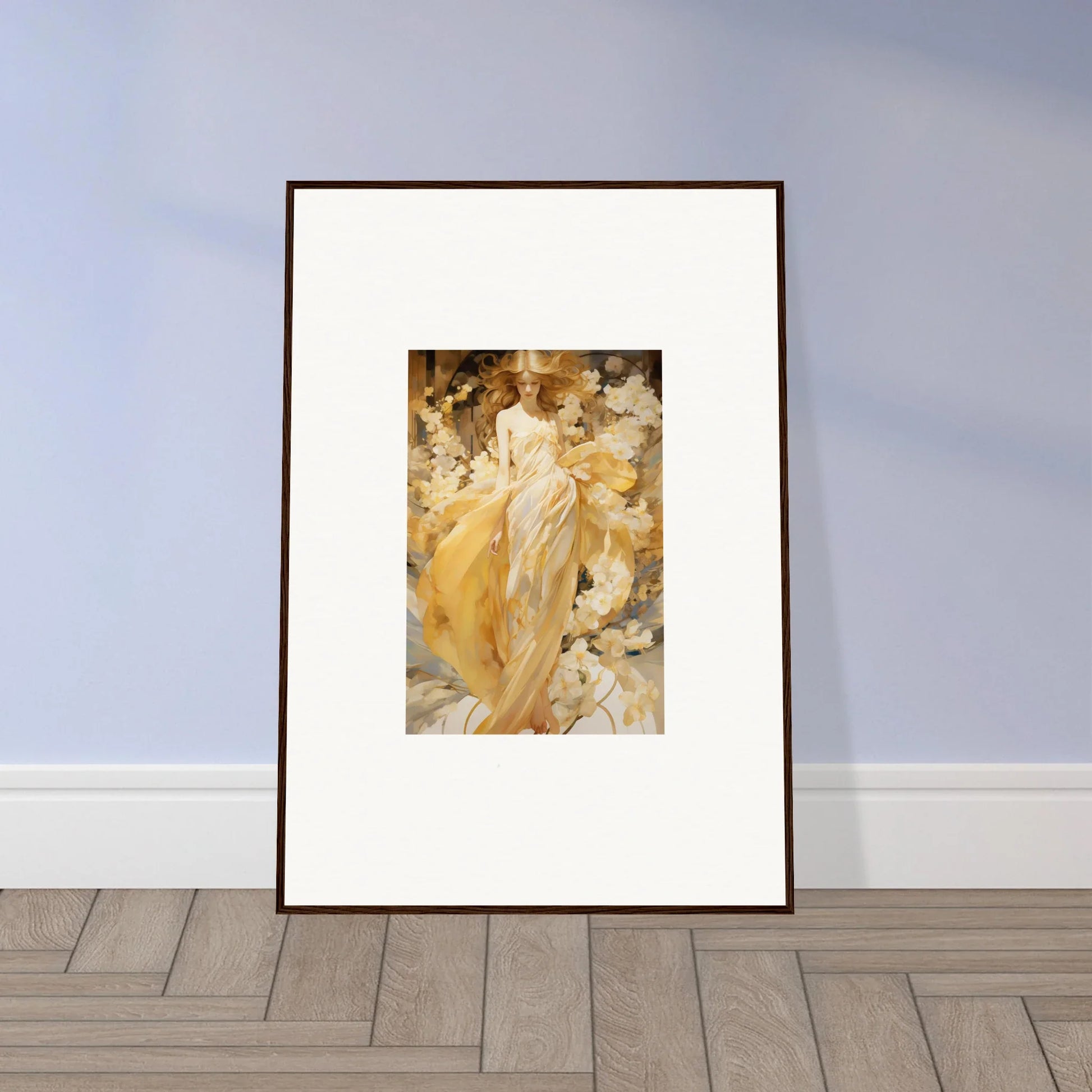 Framed canvas print of a woman in a golden dress for elegant room decoration