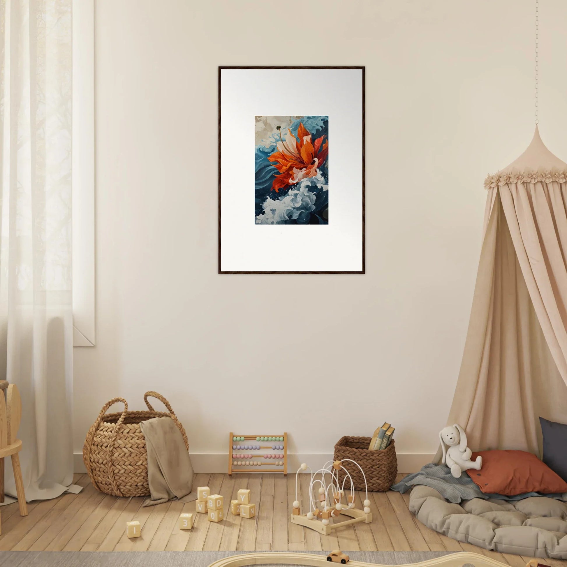 Framed canvas print of Elusive Petal Odyssey with vibrant red and blue shapes for room decoration