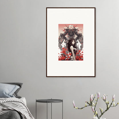 Stylized robotic figure in red flowers, perfect for room decoration as canvas print wall art