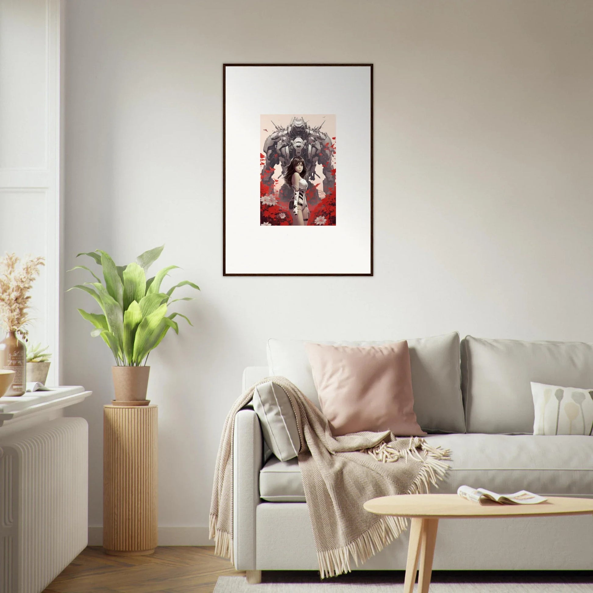 Framed canvas print of Poppy Lucidity with a robotic figure in dark reds for room decoration