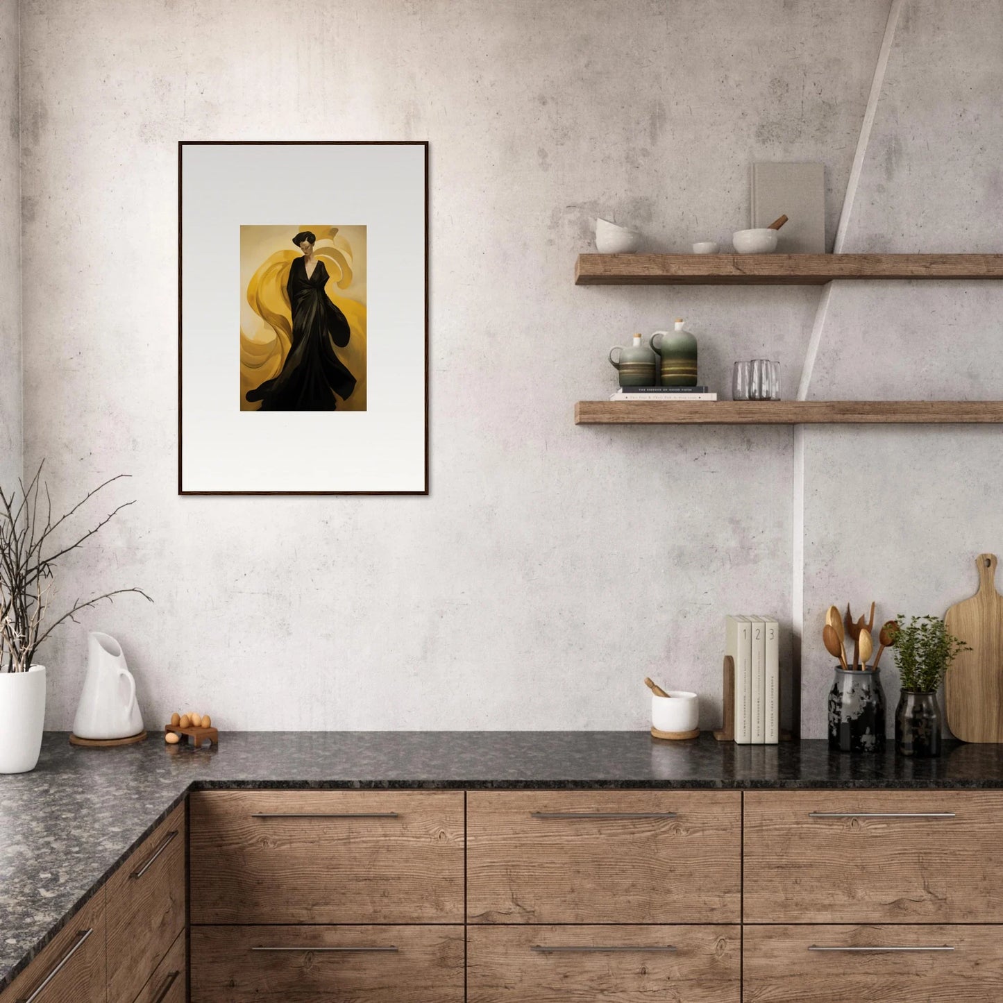 Framed canvas print of a figure in a black dress with golden sun waves for room decoration