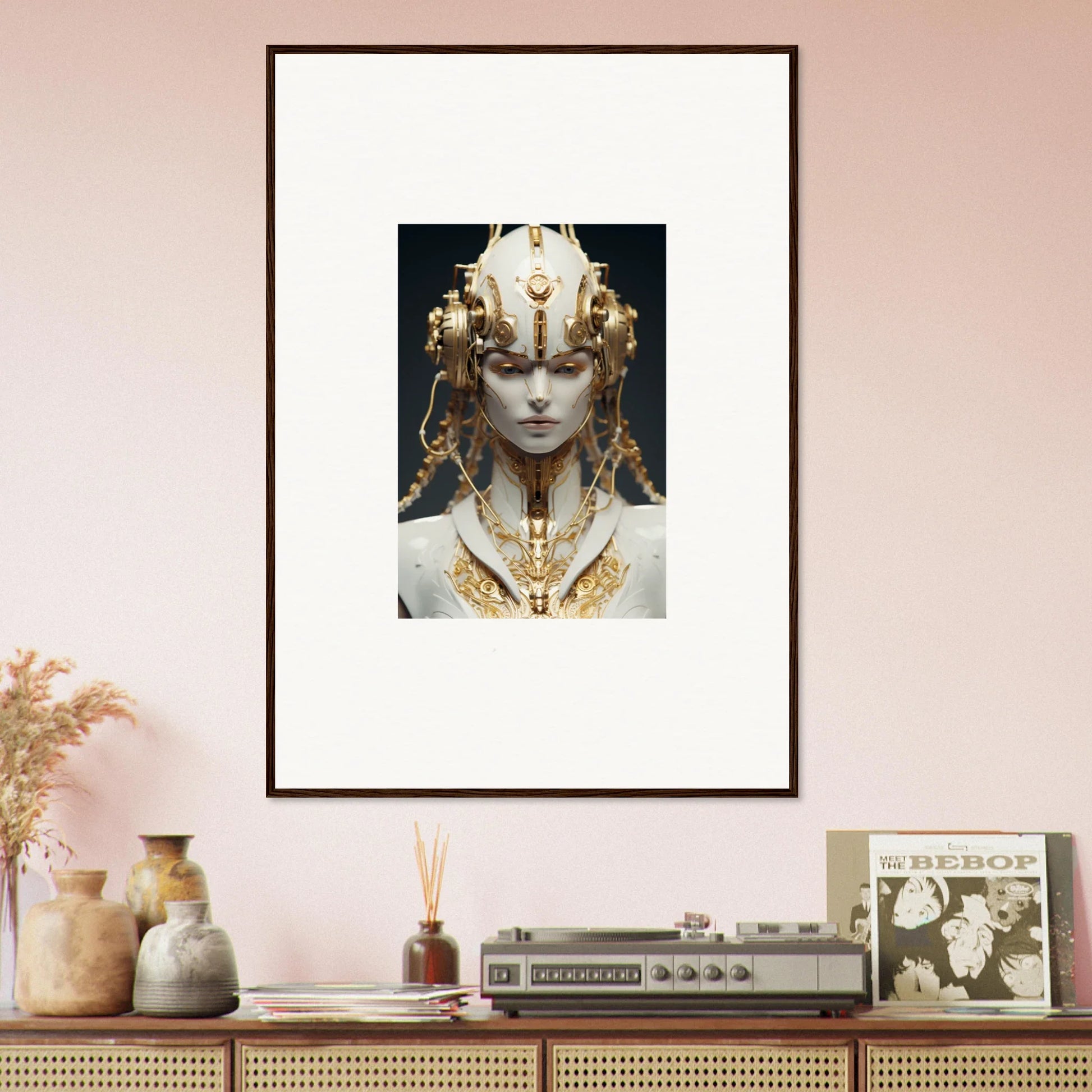 Ornate golden headdress on pale face canvas print for unique room decoration in Flux Radiance