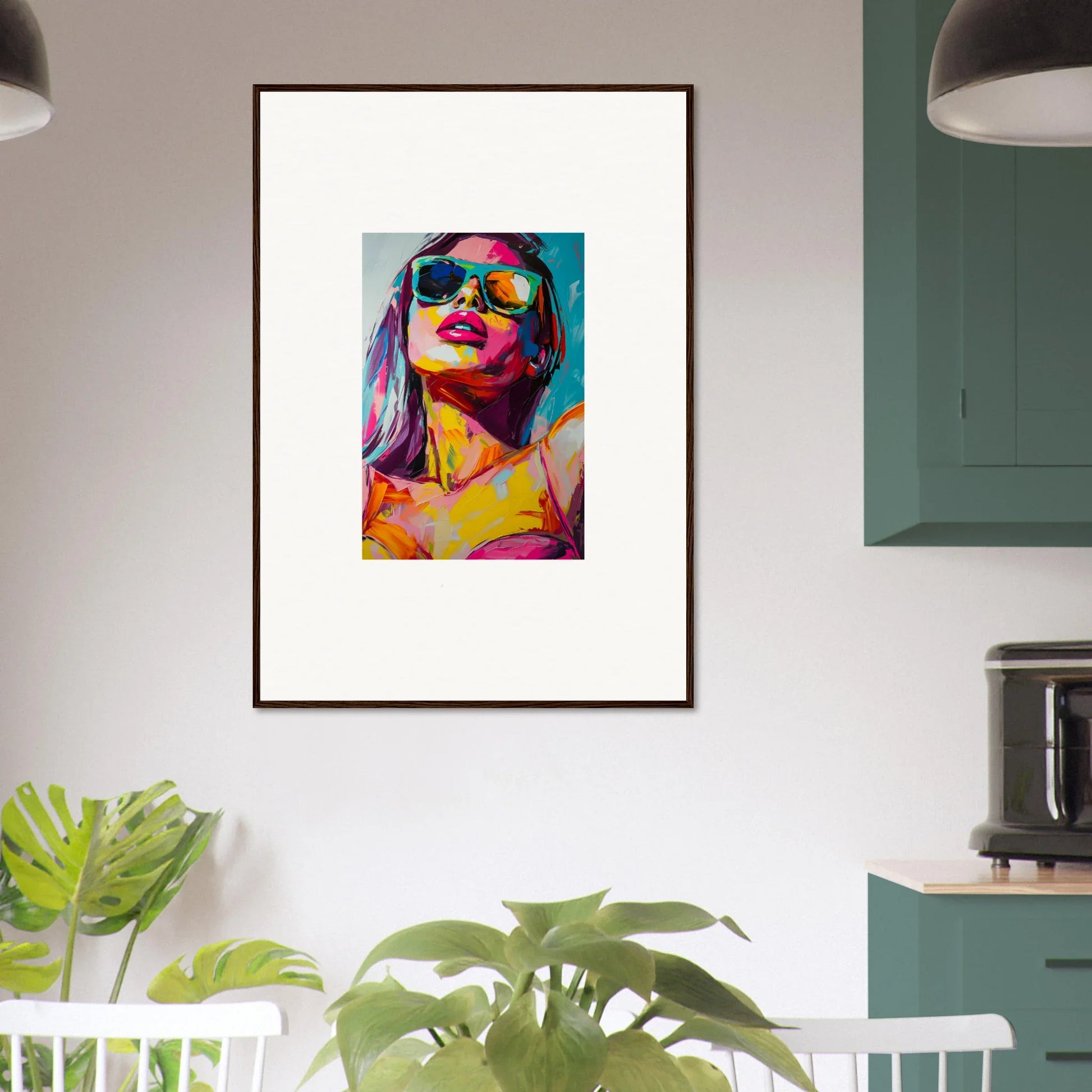 Colorful abstract portrait of a person in sunglasses for trendy room decoration