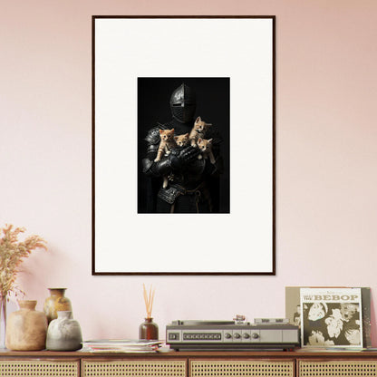 Framed black and white photo of a person with cats, perfect for feline bashhut room decoration