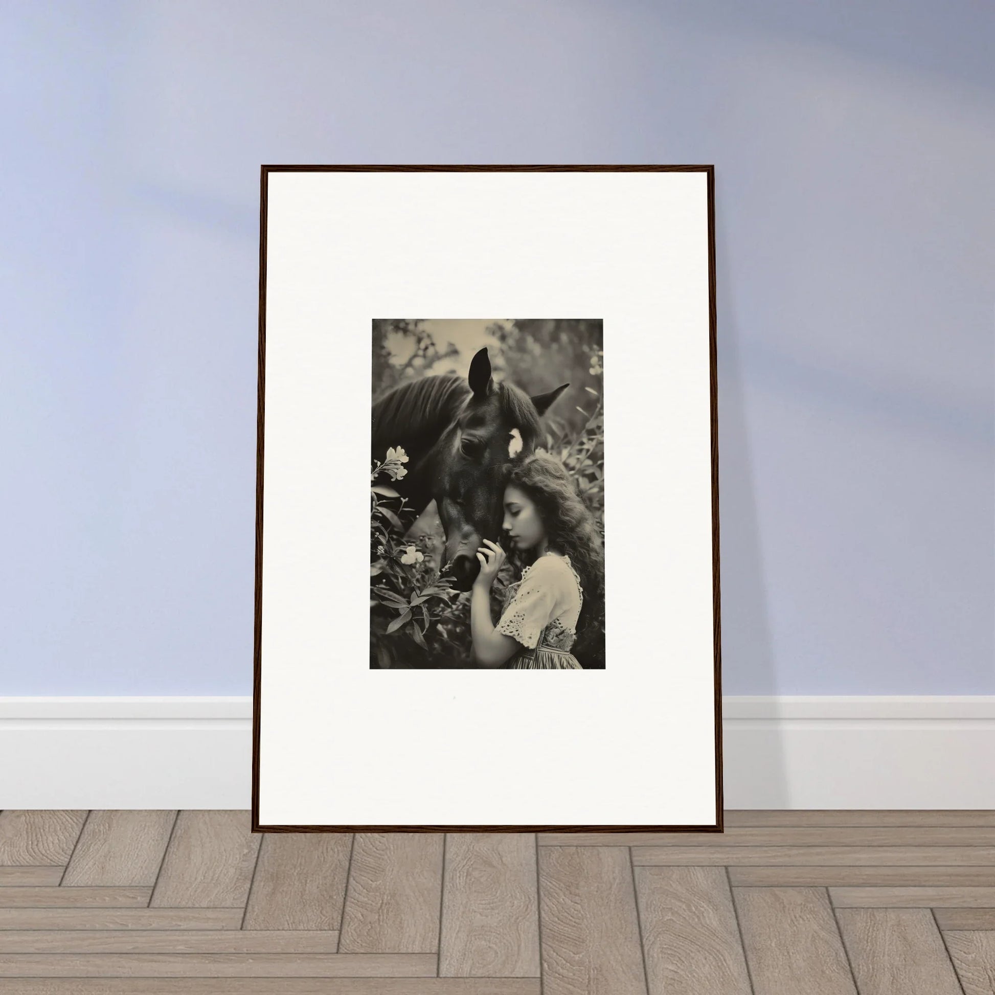 Framed black and white photo of a person with hair and bird, perfect for Equinox Whispers decor