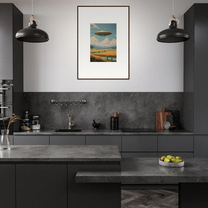 Modern kitchen with dark cabinets, concrete counters, and a cool UFO canvas print