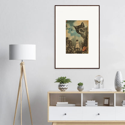 Framed surrealist canvas print of a giant cat head over a city skyline, cool wall art