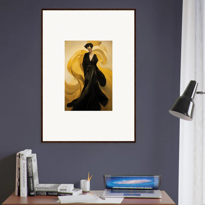 Framed canvas print of a figure in a black dress on golden sun waves for stylish room decoration