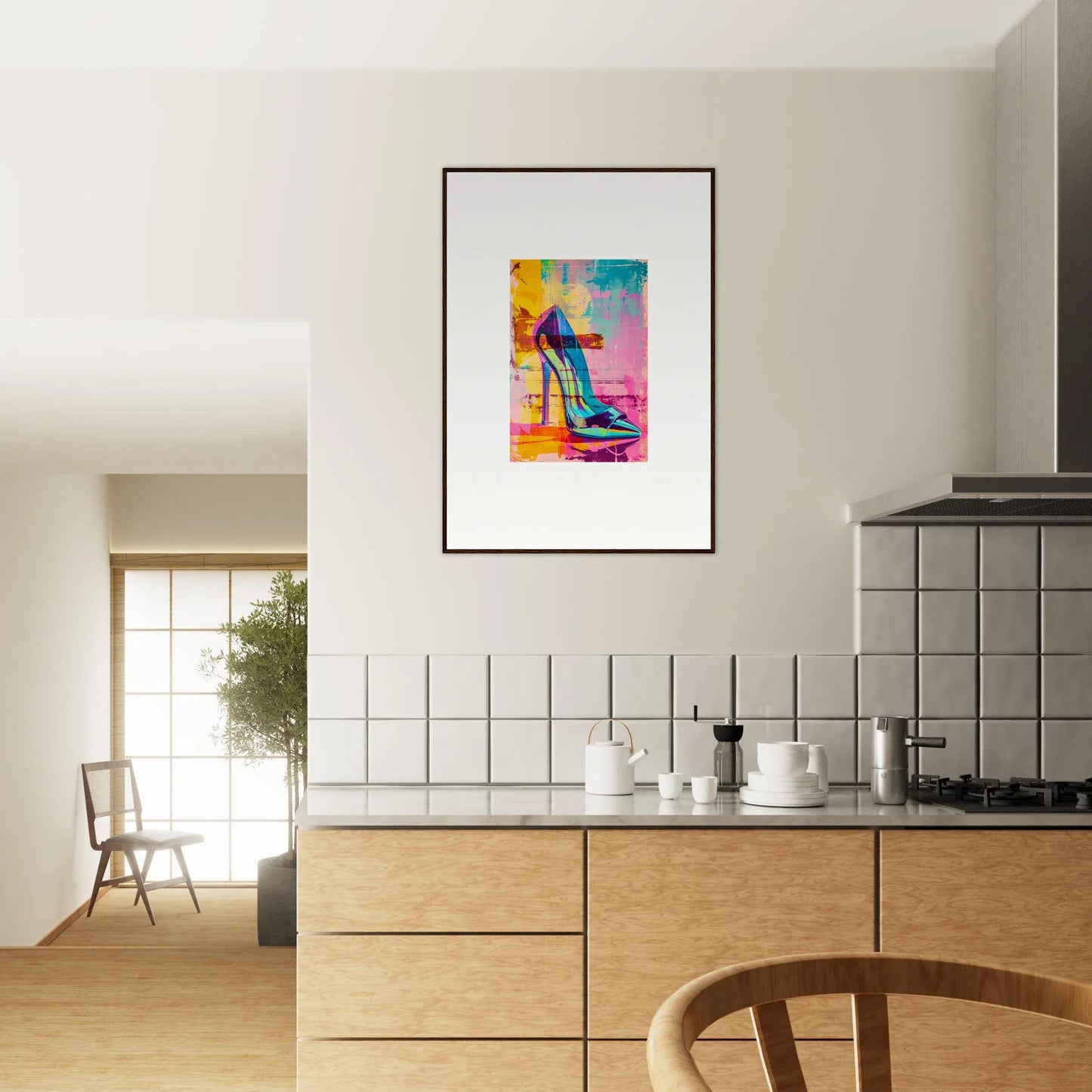 Colorful abstract artwork of a high-heeled shoe silhouette for noir reverie room decor