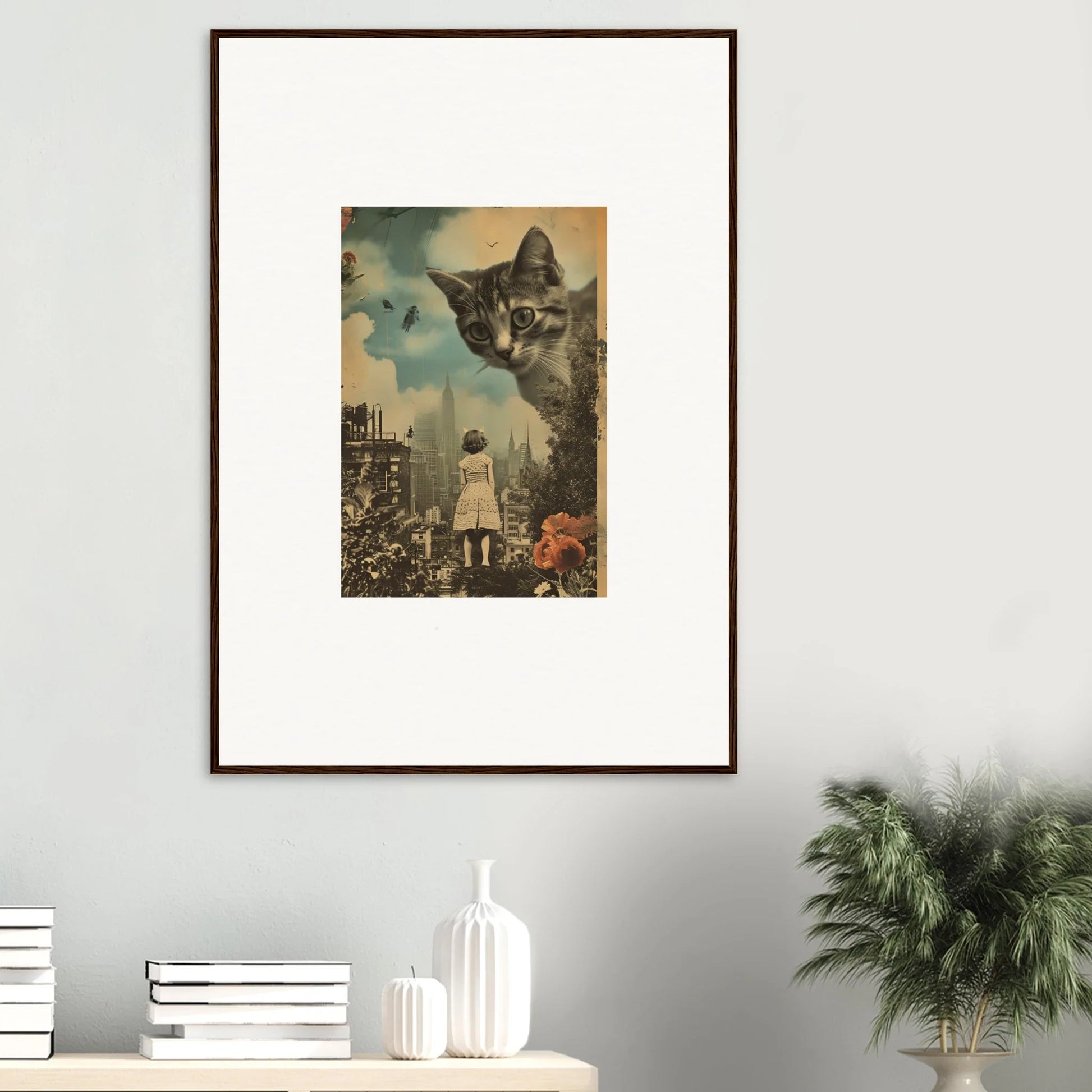 Surreal canvas print showing a giant cat’s face over a girl in a city for cool room decoration