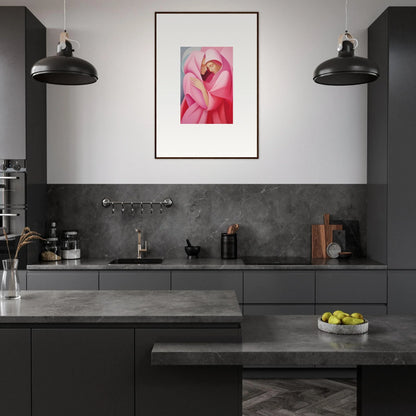 Modern dark kitchen featuring a Glimmer Verse Tapestry with pink floral art for stylish room decoration