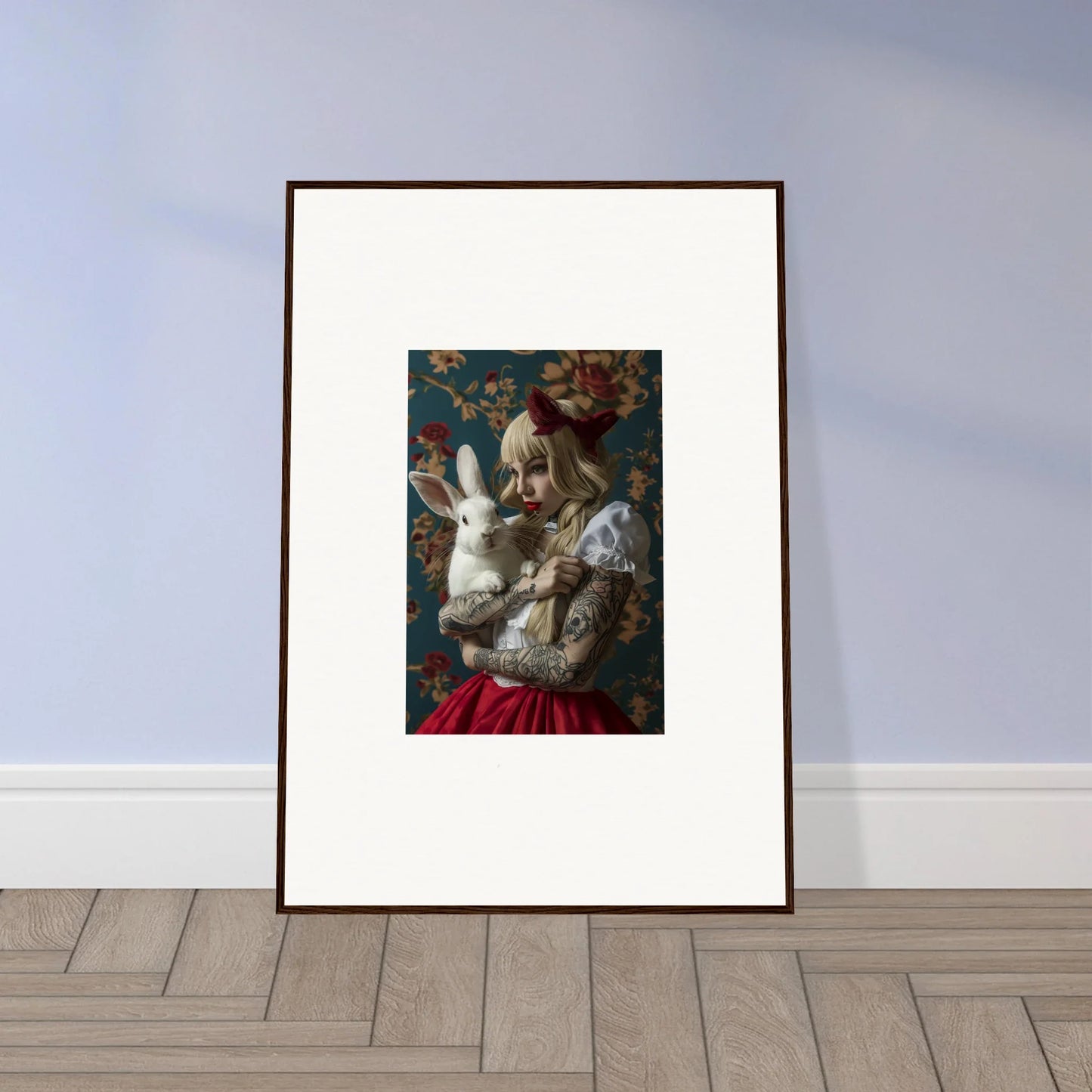 Framed canvas print of Dusky Rabbit Dreams, featuring a surreal rabbit and doll scene