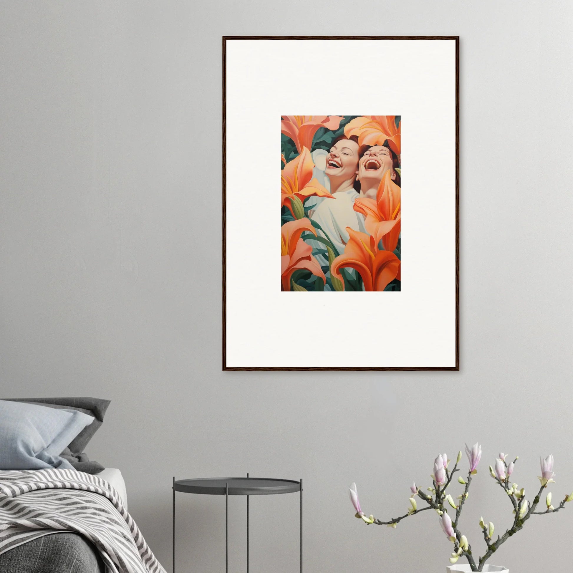 Framed canvas print of two laughing people with orange lilies, perfect wall art for room decoration