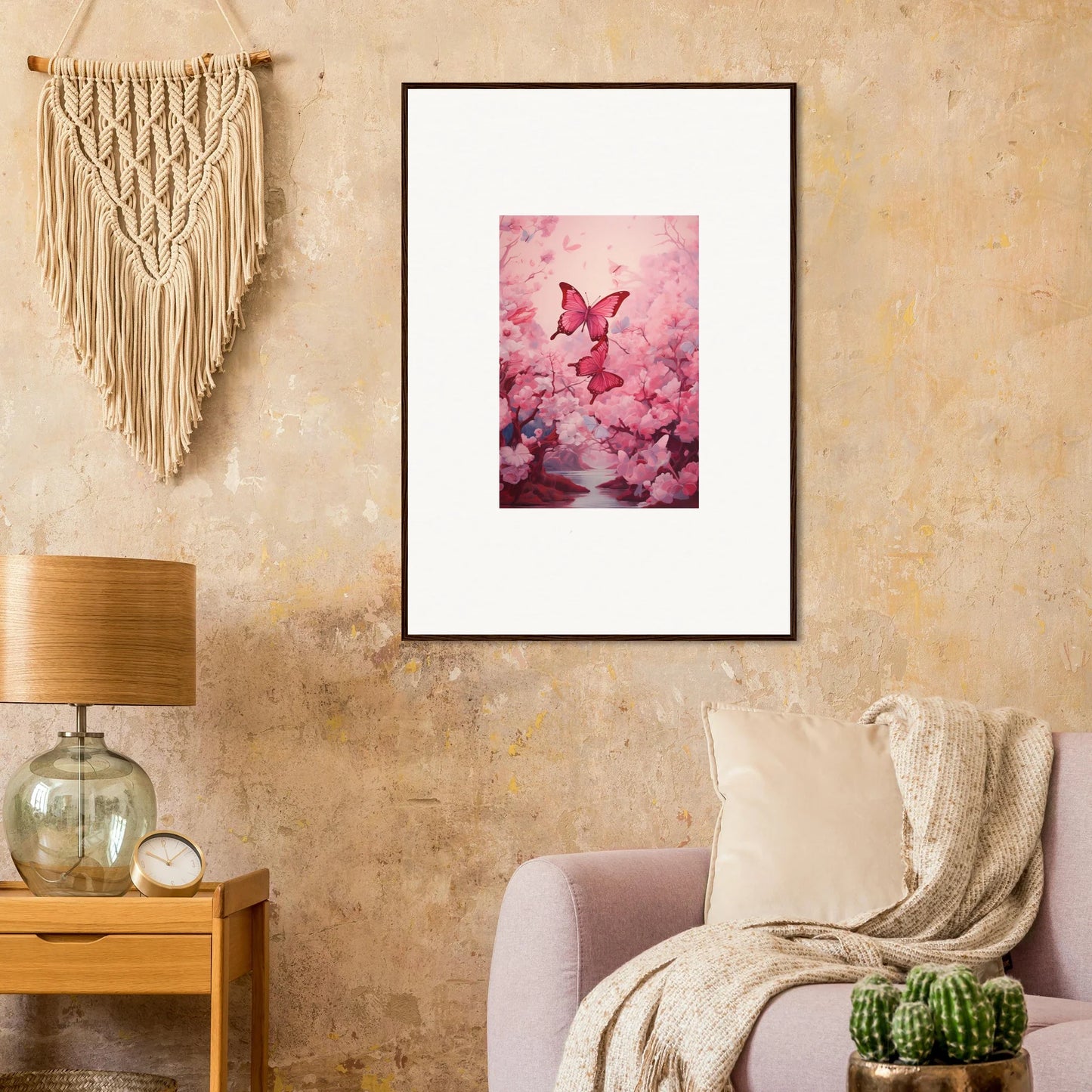 Framed canvas print of a pink butterfly in flowers for spring euphoria room decoration