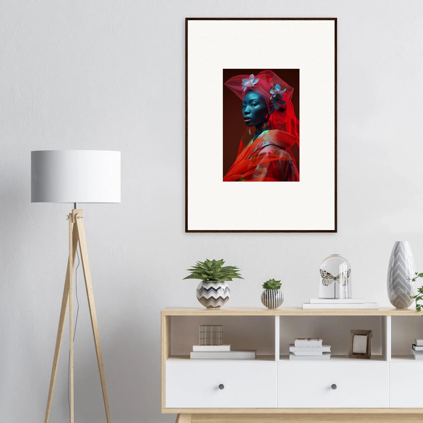 Vibrant red and blue portrait canvas print for cozy velvet botanicals room decoration