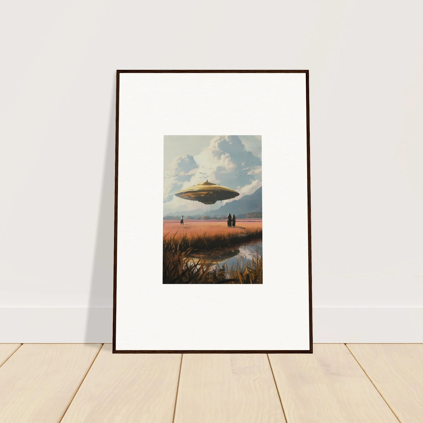 Framed canvas print of UFO over marsh at sunset, perfect for drifting suns room decoration