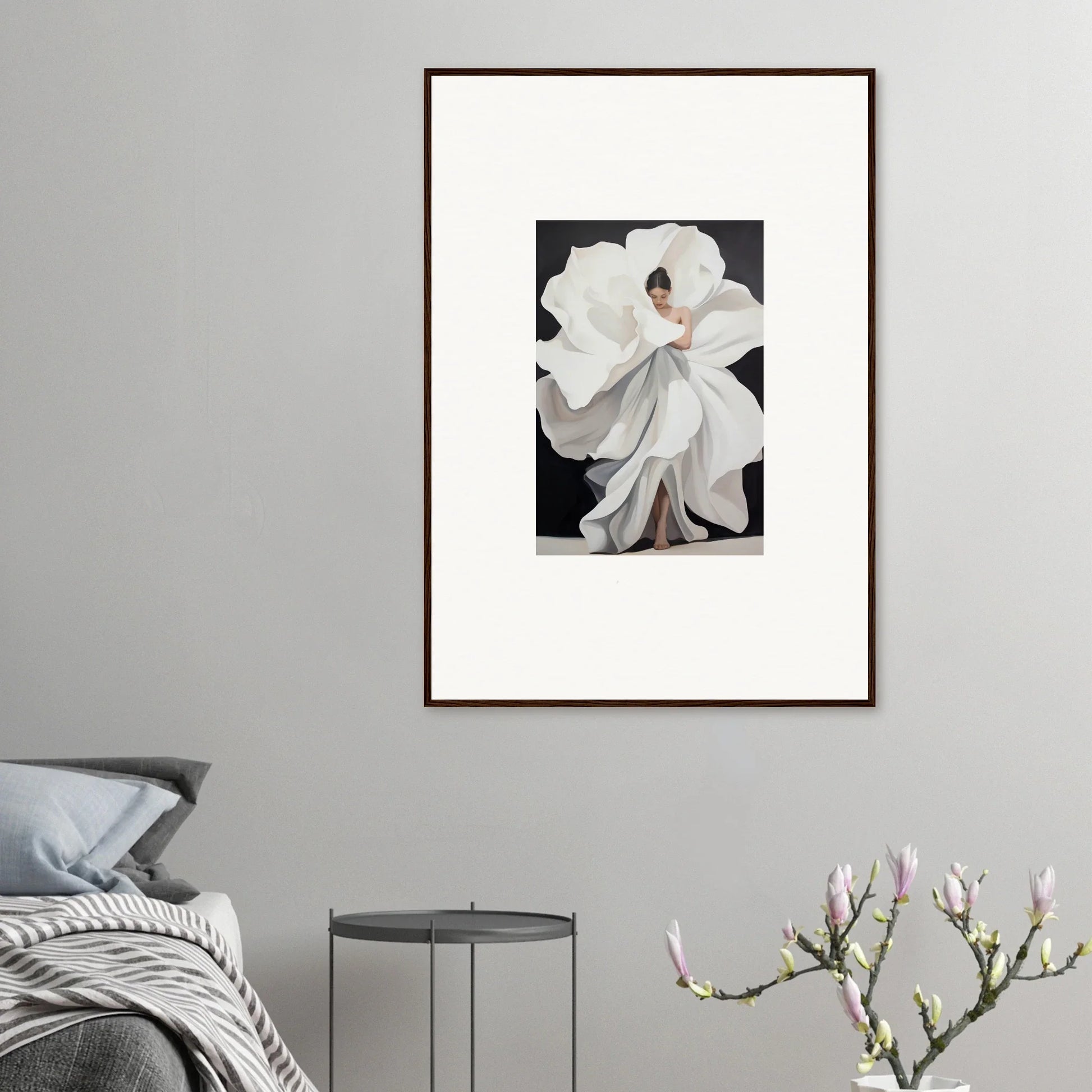 Framed canvas print of Ethereal Petal Whispers with a flowing figure and floral vibe