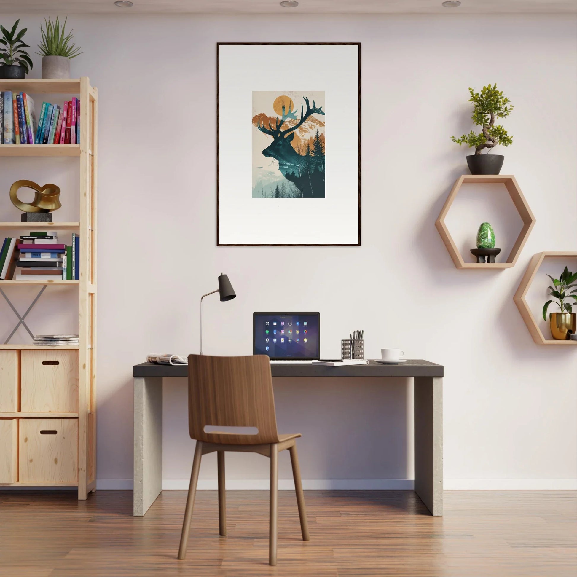 Modern home office with desk and chair, featuring Mirage Visions wall decoration