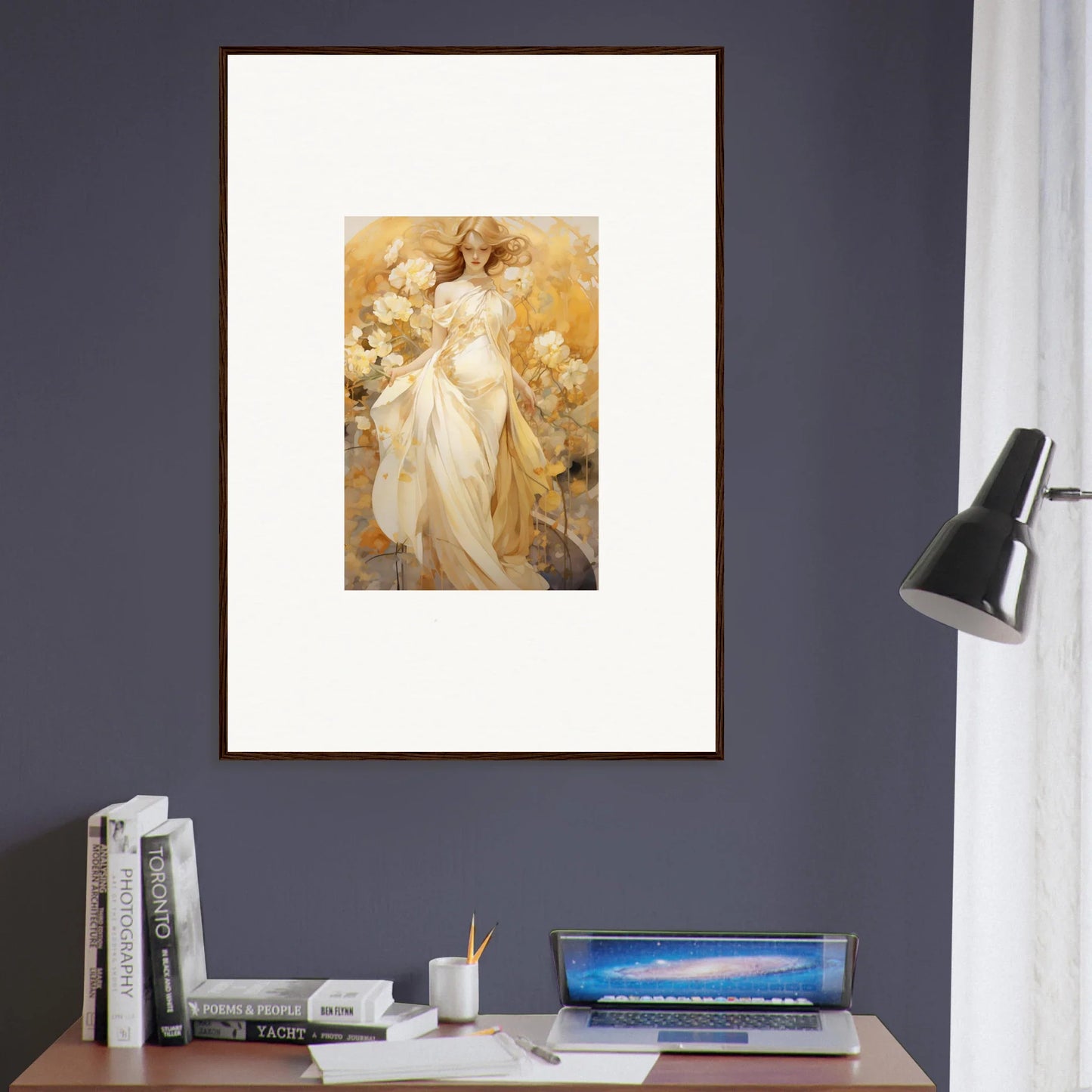 Framed canvas print of a silk dream woman in golden light and flowers for room decoration