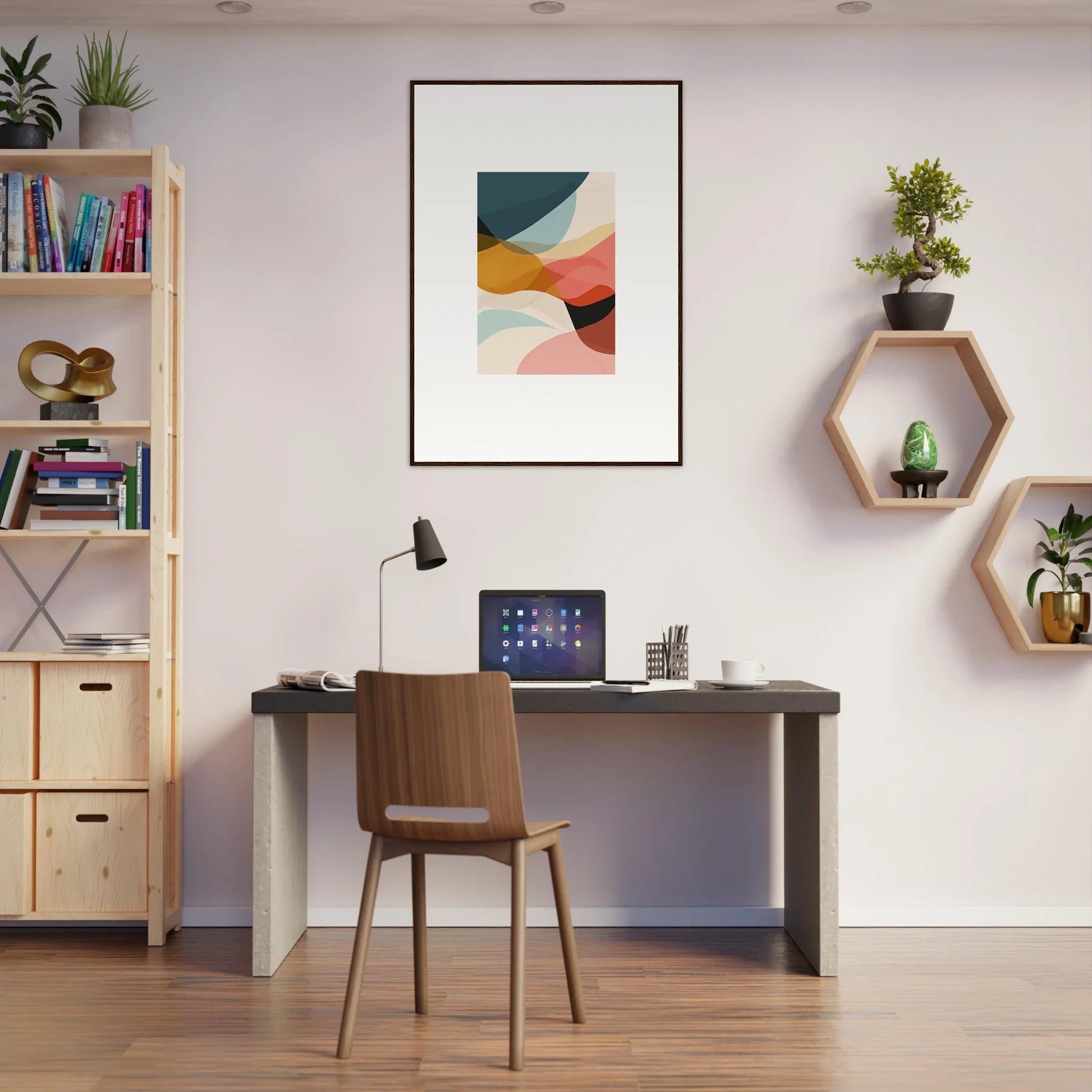 Modern home office with stylish desk, chair, and trendy wall art for room decoration