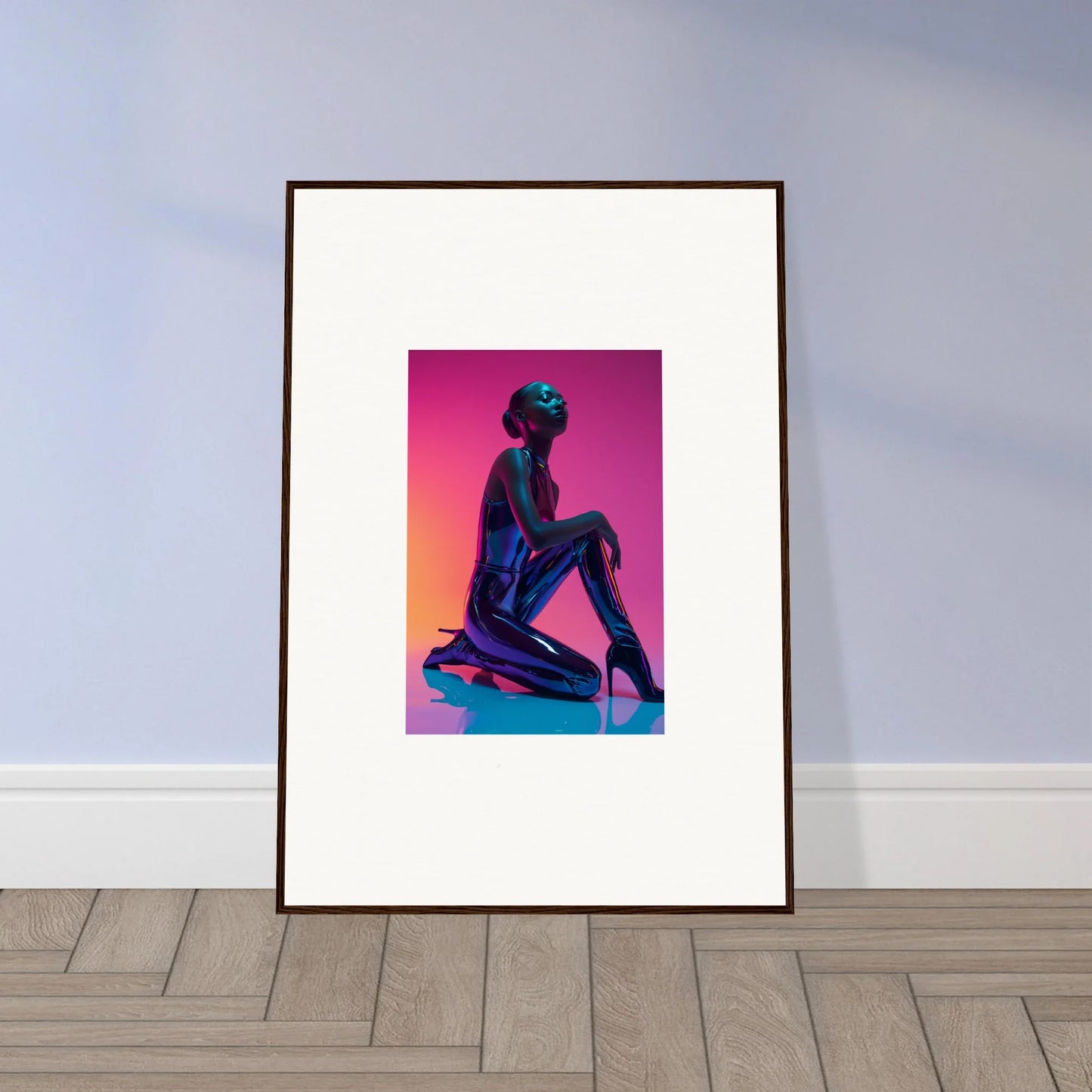 Framed Neon Vortex Wonder canvas print of a seated figure for vibrant room decoration