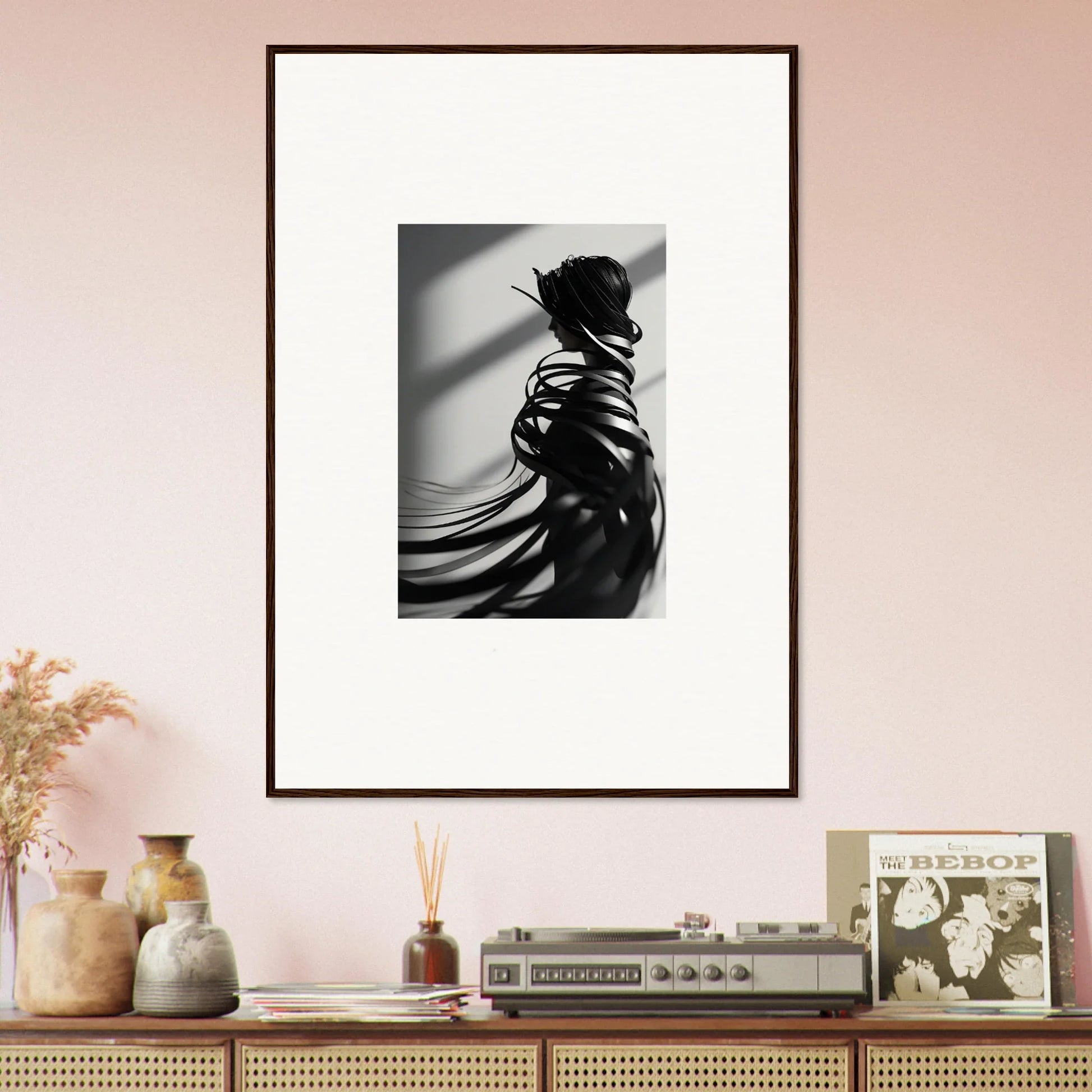 Framed black and white photo of a shadowy figure perfect for room decoration or ribbon shares