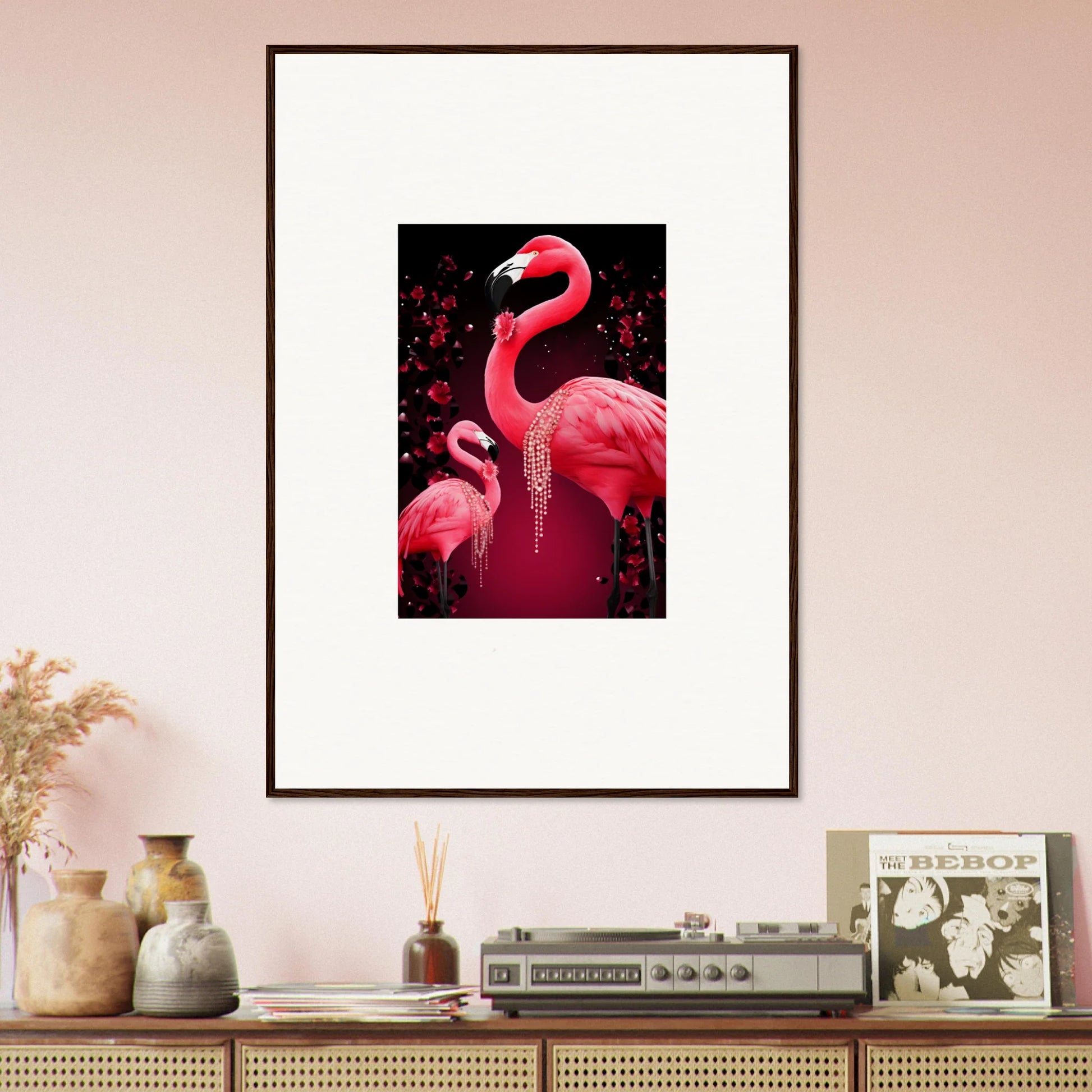 Vibrant pink flamingos wall art canvas print for stylish room decoration