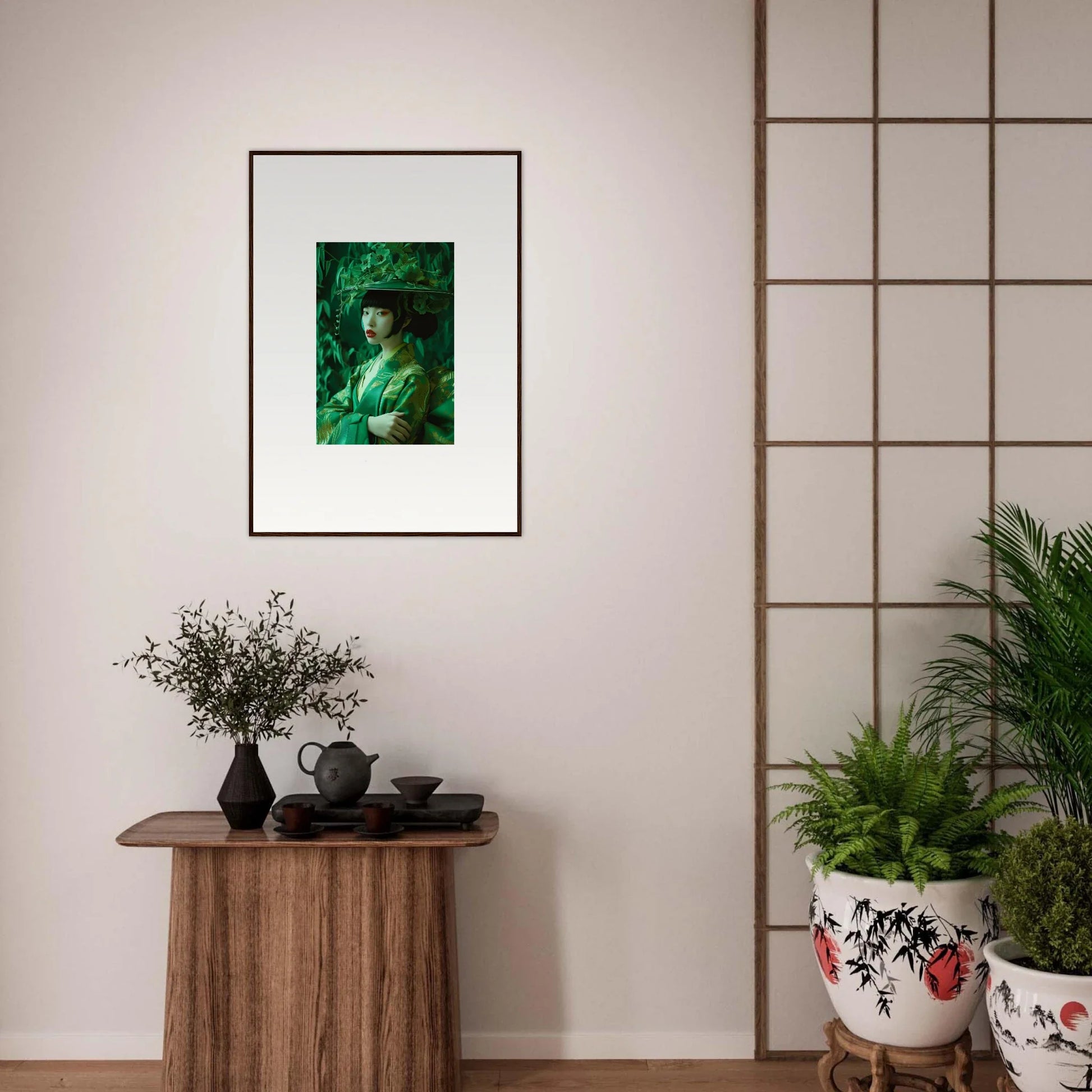 Framed portrait in green tones perfect for room decoration, part of Flora’s Whispering Spectacle