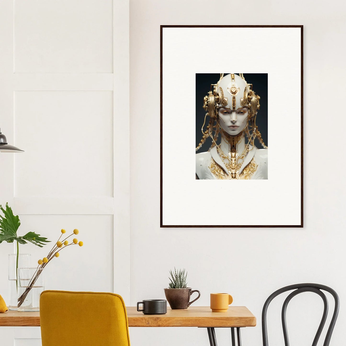 Framed canvas print of a golden ethereal figure for unique room decoration